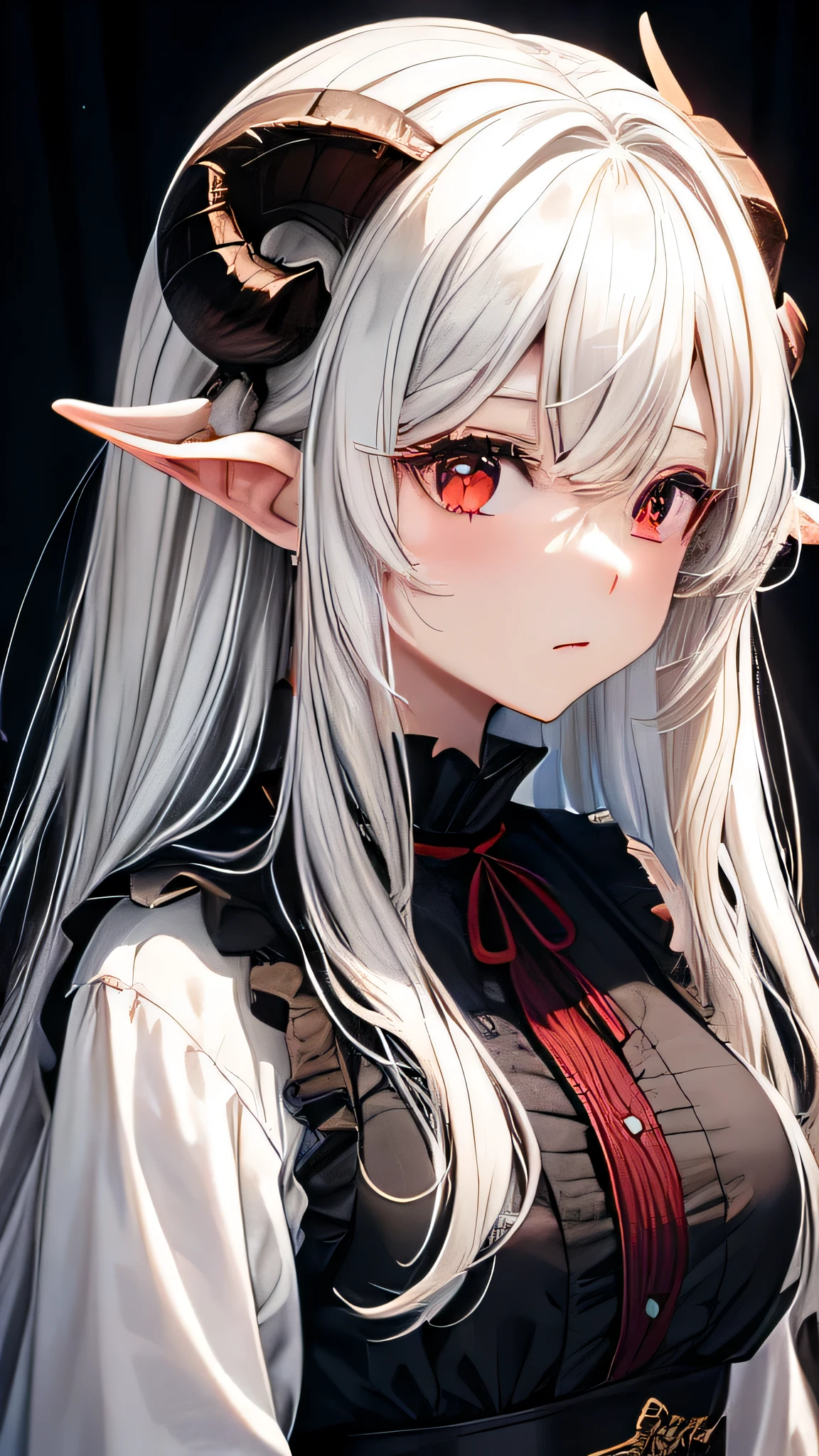 、"Brown skin" white hair、medium long hair、red eyes、Sheep horns、black dress、