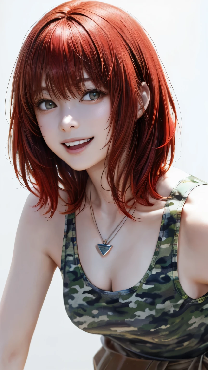 (highest quality、8K、32k、masterpiece)、(realistic)、(Photoreal:1.2)、(High resolution)、Super detailed、very beautiful face and eyes、1 girl、round and small face、thin waist、delicate body、(highest quality、high detail、Rich skin details)、(highest quality、8K、oil paint:1.2)、Super detailed、(realistic、realistic:1.37)、bright colors、(((red hair)))、(((medium hair)))、(((bust shot)))、(((pure white wall background)))、(((pure white wall background)))、(((laughter)))、(((I'm wearing a camouflage tank top)))、(((look straight ahead)))、(((I am wearing a pentagram necklace.)))、(((seems to be happy)))、(((put your hand on your waist)))、(((Leaning forward)))