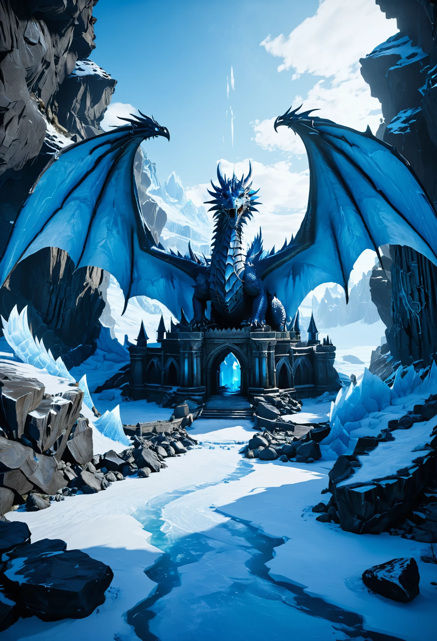 Dungeons & Dragons，The ruins of the ancient ice castle, with huge dragon wings spread out on both sides and surrounded by frozen rocks in front of it, are depicted in the style of Unreal Engine, featuring complex architecture, blue tones, high contrast between light and dark, frozen effects, cool lighting, and grand scale.