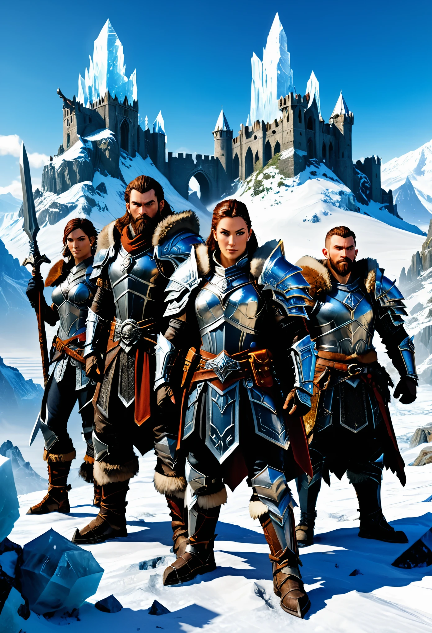 Dungeons & Dragons，4fantasy characters, standing together in an epic pose, each holding weapons and armor, with the background of a snowy landscape and ruins of ice crystals, in a video game style. The group includes two male warriors wearing furs on their shoulders, one female warrior, and another man dressed as a dwarven blacksmith. They all have muscular bodies, showcasing strength. Rendered in the style of Unreal Engine 5.