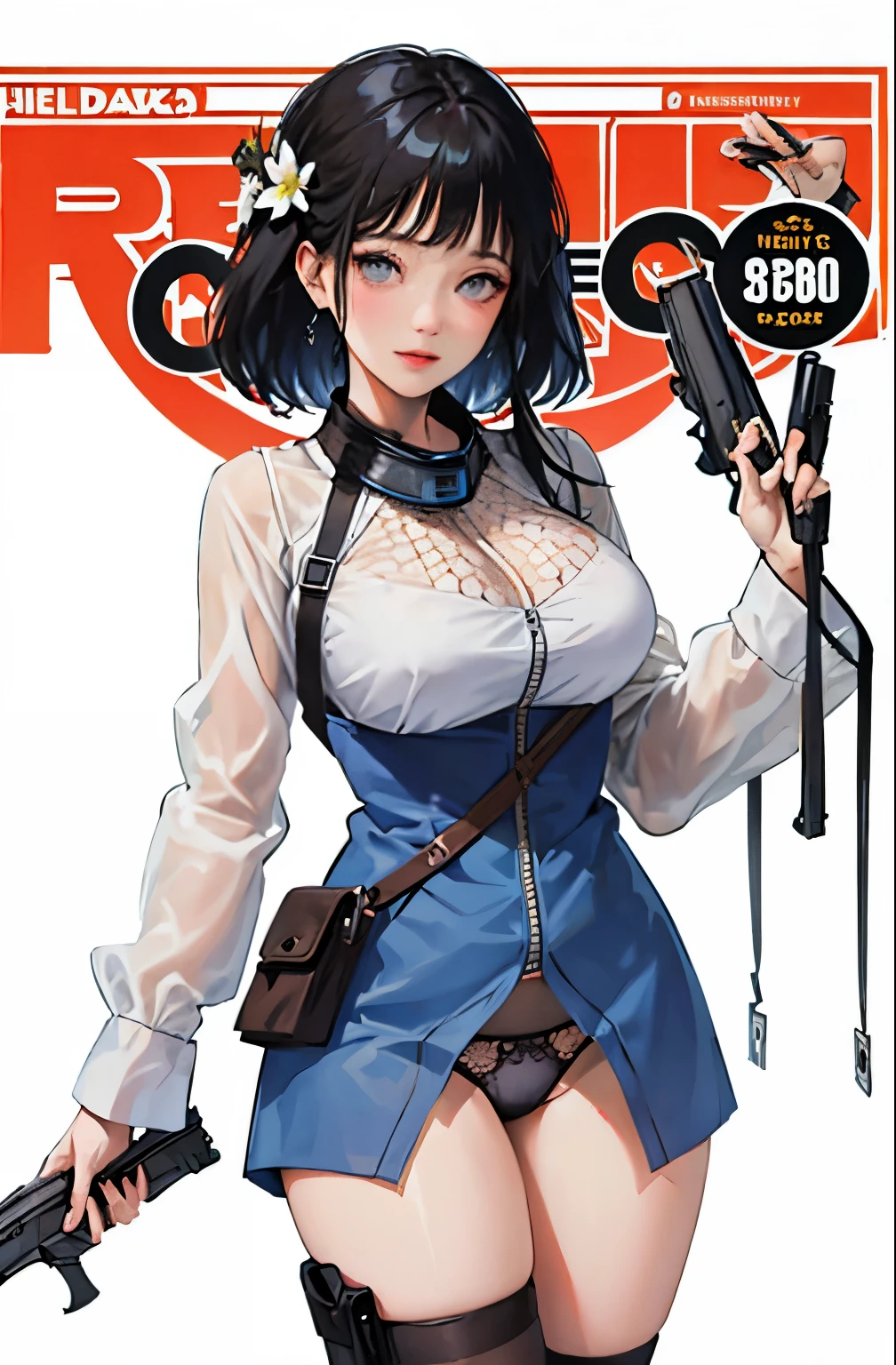 (masterpiece:1.2, highest quality), (very detailed:1.3), (magazine cover), 1 girl, 15 generations, big breasts, (transparent panties), (good transparency), (hold a gun on one side'mouth), strict, white background,