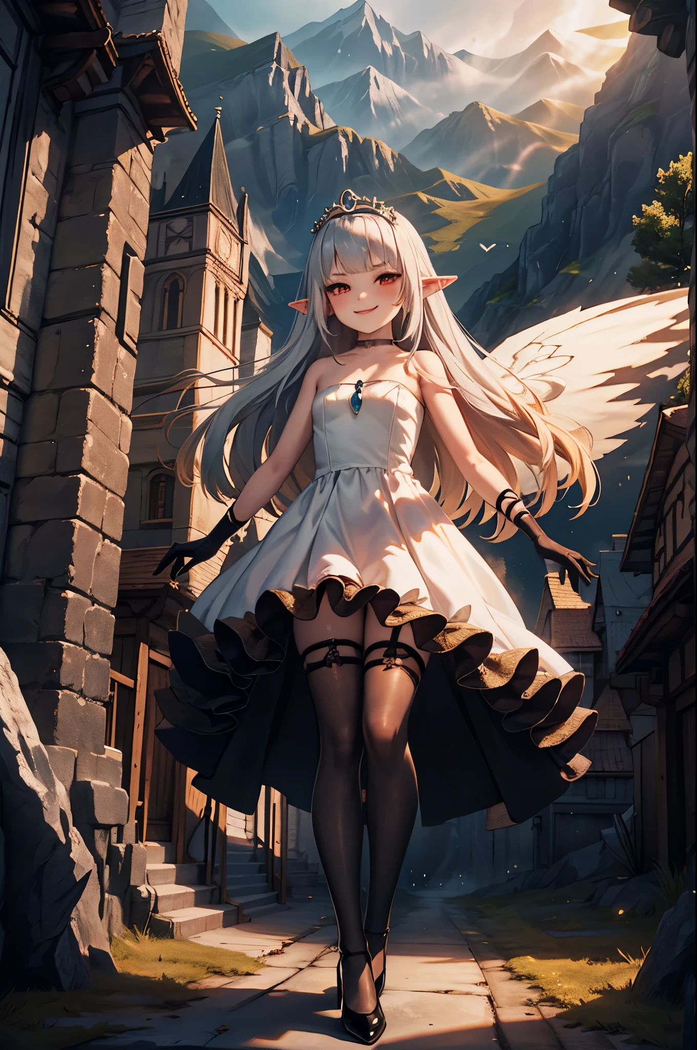 doll-size landscape, miniature castles, microscopic mountains, microscopic trees, microscopic buildings, ocean, towering 1girl, (giant evil princess:1), villain, strolling on top of a gigantic kingdom made of miniature buildings, full body, energy drain, white hair, gradient hair, pointy ears, glowing pendant, strapless dress, white dress, fairy wings, arm wrap, black gloves, leg wrap, black footwear, flat chest, mean smug smile, very thin, skinny legs, confident, arrogant, sexy stockings, tiara, glowing red eyes, makeup, blush, eye shadow, rings, pearls, necklaces, flawless shiny silver hair, black heels, (love spell:1), flying hearts, looking at viewer, from below, solo,