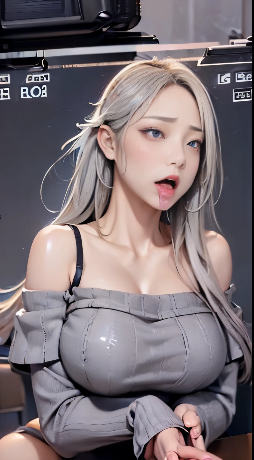 High resolution, highest quality, super high quality,3D Images、View the viewers,Kumiko、3D Images、Gray Hair、Wavy long hair、High Ponytail,Very detailed CG Unity 8k wallpaper, [3D Images:1.15],Attractive eyes、[[Fine grain、blue eyes、Shining Eyes:1.15]], , Very detailed,Thin fingers、Cinema Lighting、super high quality,3D Images ,White Hair、Cute no matter who looks at it,clavicle,nude,Exposed nipples,Exposed Pussy,Red lipstick,Glossy Lips,Pink long nails,Charm choker,Earrings,Very long hair alone,Cinema Lighting、White Breath,Laughing embarrassedly,Open your mouth,Shiny skin,blush、Leaning forward, Cleavage, ((Very large breasts:1.5)),(Big Ass),blue eyes,Big eyes,clavicle, (Mature Body),Attractive body,(Trained abdominal muscles),blush,Sweat all over,(A lot of semen),Blur the background,Masturbate,((Looking Back)),Tilt your head