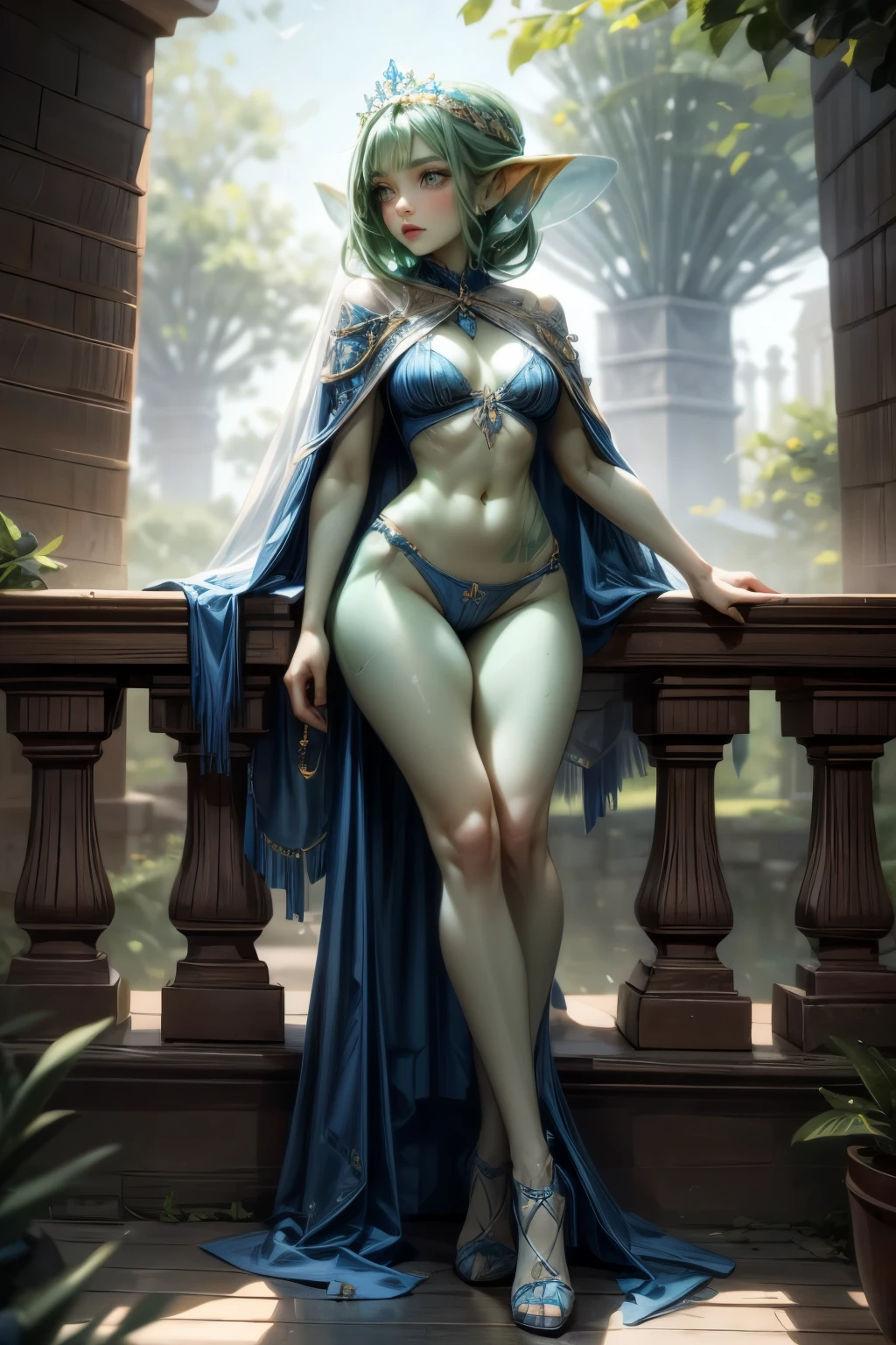 1girl, ((best quality)), ((masterpiece)), (very detailed), 4k, full body, symmetrical, perfect face, ankle length very very long thick blue braid, beautiful, green skin, pointy ears, posing in front of a white regency era manor house, biting lip, palatial, fountains, trees, flowers, wearing ornate blue bikini and blue sheer cape, blue heels, very sexy, seductive, evening