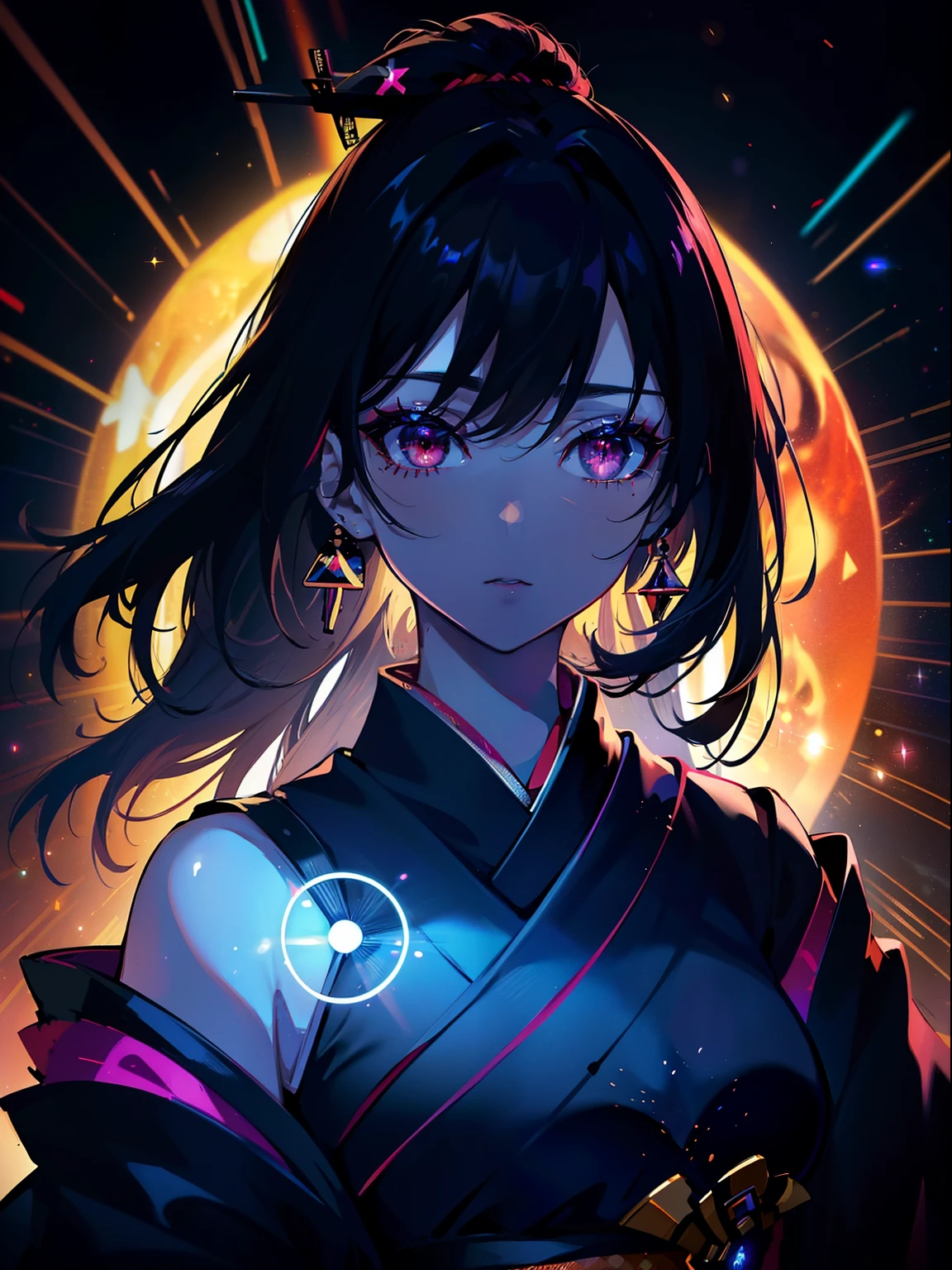 ((Best quality 4k)),  24 year women, (ultrahigh resolution), 1girl, black kimono, black hair, pale skin, black crown, red eyes, (galaxy in eyes), ultra detailed eyes, beautiful and detailed face, detailed eyes, (centered, torso), (wide shot:0.9), facing viewer, eye level, (neon gradient background) Japanese style 