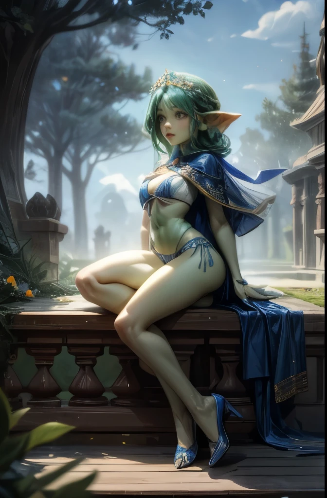 1girl, ((best quality)), ((masterpiece)), (very detailed), 4k, full body, symmetrical, perfect face, ankle length very very long thick blue braid, beautiful, green skin, pointy ears, posing in front of a white regency era manor house, palatial, fountains, trees, flowers, wearing ornate blue bikini and blue sheer cape, blue heels, very sexy, seductive, evening