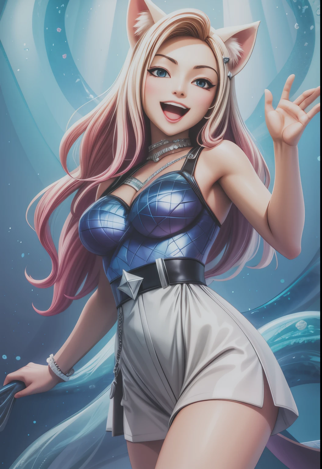 KDA_ahri, smile face,6 tails fox,anime eyes ,cowboy shot,more life on face ,open mouth smile;hand on back,bigger tits,face more realistic