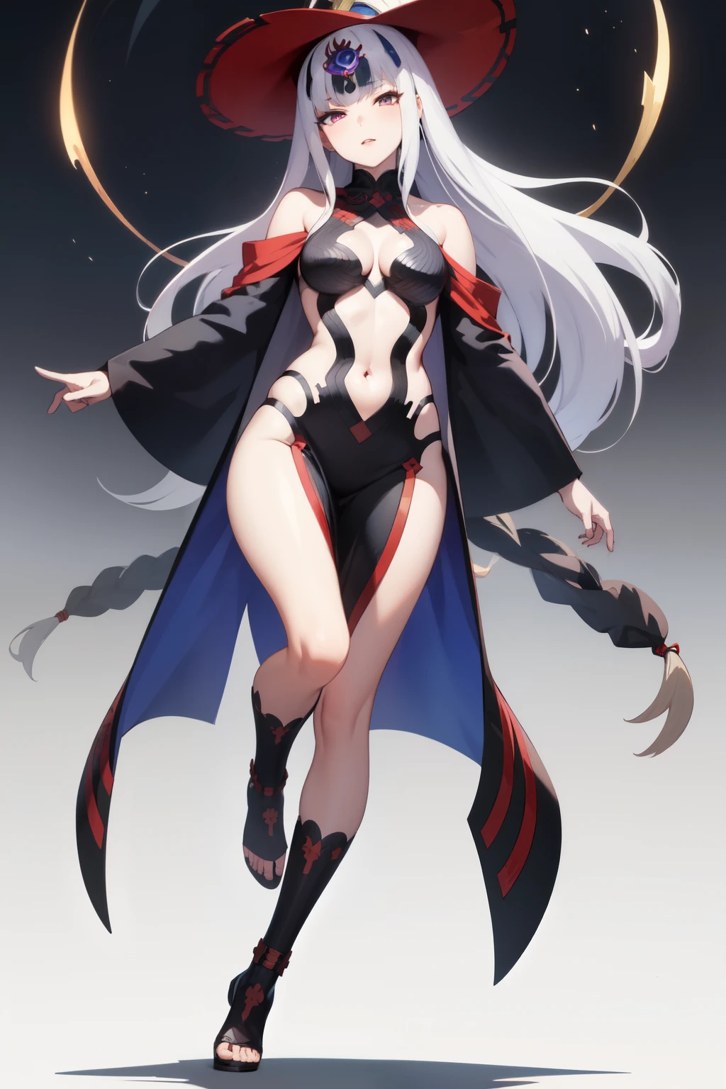 ((best quality)), ((masterpiece)), (detailed), perfect face, Slim female human with long flowing white hair wearing outfit of Shuten Doji from Fate Grand order combined with a witches outfit with large hat, cloak hanging from shoulders, Long flowing hair, full body picture, bare midriff and cleavage