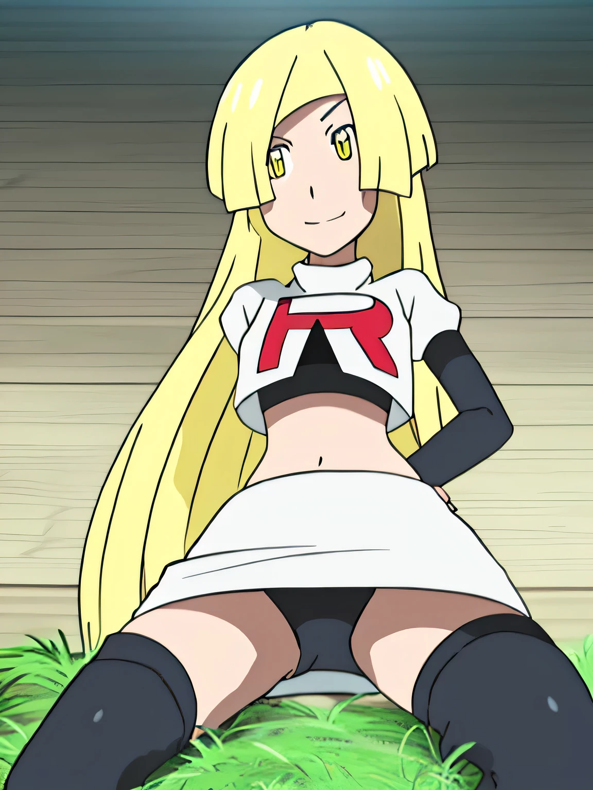 view of the valley, with grass, team rocket uniform, red letter r, white skirt,white crop top,black thigh-high boots, black elbow gloves, evil smile, looking down at viewer, hands on hips, spread legs, from below, black panties,anime style, vivid colors, sharp focus, intense lighting,pokemoncynthia, blonde hair, hair ornament, hair over one eye, long hair, (yellow eyes:1.5)