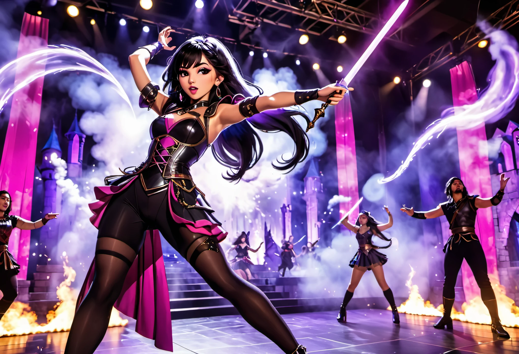 (best quality, 4k, highres, masterpiece:1.2), ultra-detailed, realistic:1.37, HDR, vivid colors, studio lighting, physically-based rendering, professional, bokeh, portraits, Kpop band Black Pink, Dungeons and Dragons adventurers, rock musical, evil wizard, castle stronghold, performing, costume, defeat, performing in costume, long black hair, glamorous makeup, stylish outfits, energetic dance moves, dynamic stage, powerful music, intense battle scene, magical spells, glowing swords, epic backdrop, smoke and special effects, dramatic lighting, confident expressions, stage presence, harmonious choreography, enthusiastic crowd, enchanted atmosphere, dynamic poses, intricate accessories, high-energy performance, mystical aura, adrenaline-fueled show, extraordinary talent, mind-blowing vocals, captivating dance routines, mesmerizing stage effects, thrilling climax.