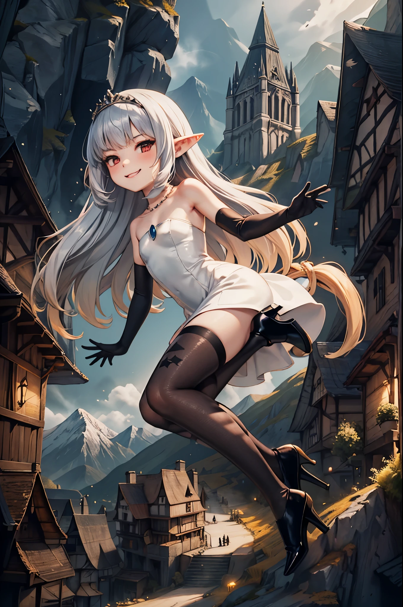 doll-size landscape, miniature-castles, microscopic-mountains, microscopic-trees, microscopic-buildings, ocean, 1girl, villain, strolling on top of a microscopic kingdom made of miniature-buildings, full-body, (energy drain:1), white hair, gradient hair, pointy ears, glowing pendant, strapless dress, full bridal dress outfit, fairy wings, arm wrap, black gloves, leg wrap, black footwear, flat chest, (mean:1), smug smile, very thin, skinny legs, confident, arrogant, sexy stockings, tiara, glowing red eyes, makeup, blush, eye shadow, rings, pearls, necklaces, flawless shiny silver hair, black heels, (love spell:1), flying hearts, looking at viewer, from below, solo,