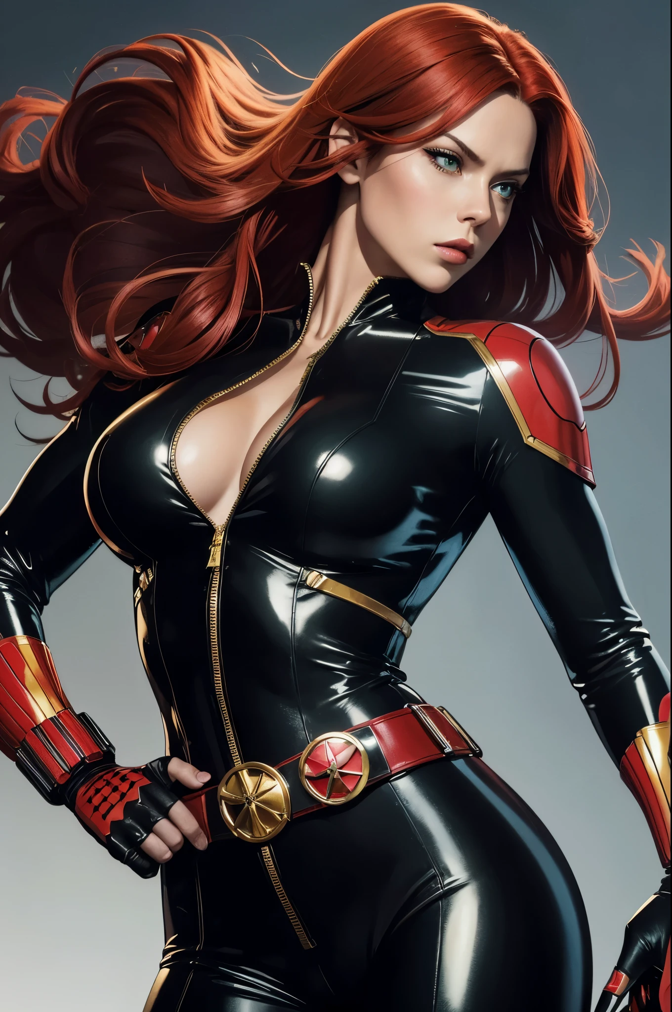 a digital illustration of Black Widow, a character from Marvel Comics. She is depicted with bright red hair and a serious expression on her face, both of which are distinctive characteristics of the character. She is dressed in a skintight shiny black latex leather suit, adorned with gold accents. Her bright, green eyes add a striking contrast to the overall image. The character is seen wearing golden wrist guards on her forearms and a belt with red X symbols on it. The background of the illustration is a single-toned watercolor pink.