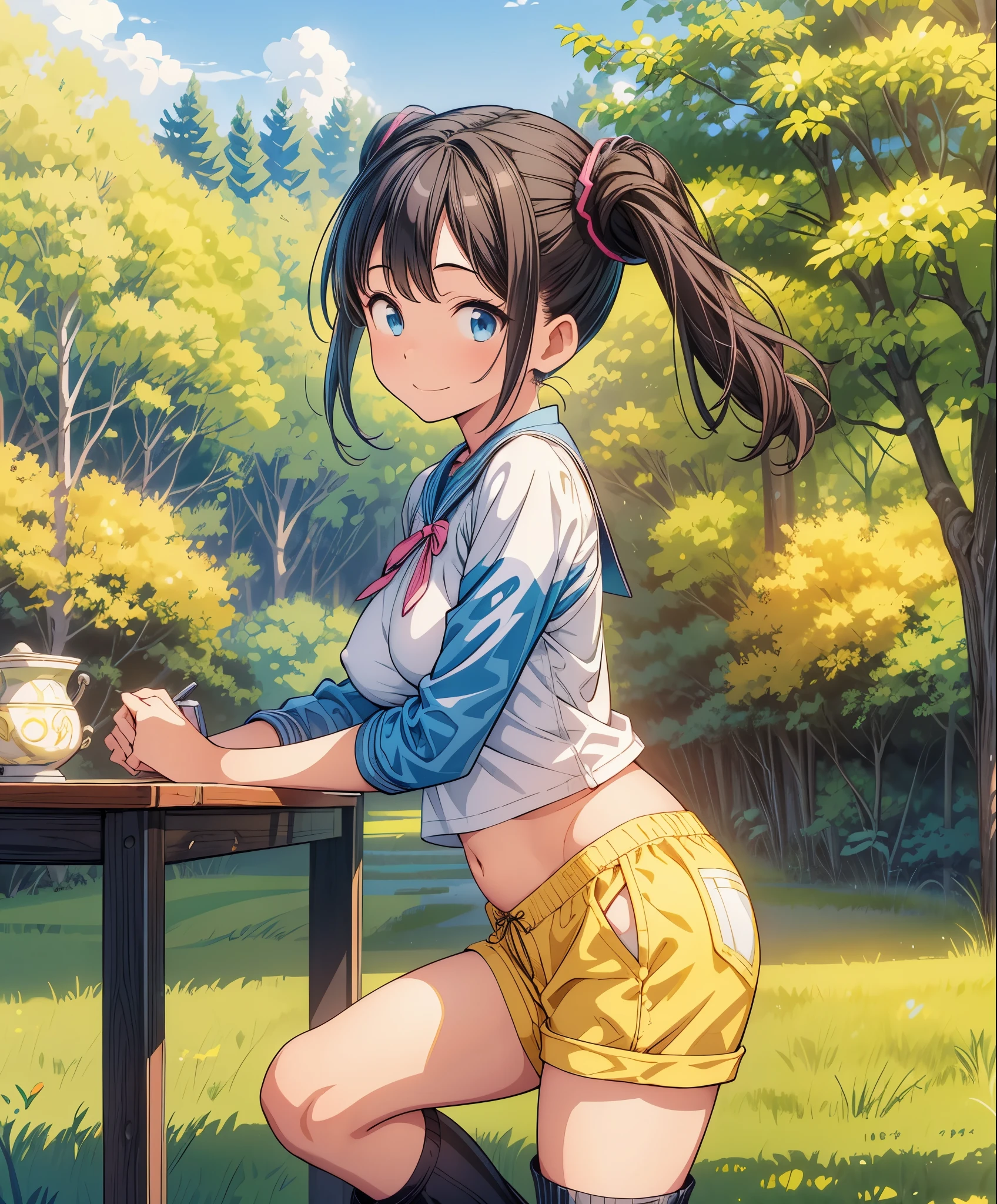 (masterpiece、highest quality、highest quality、official art、beautiful beautiful:1.2)、(1 girl:1.3)Hatsune Miku、twin tails,big breasts,table top、highest quality、High resolution、1 girl、alone、low length、thin legs、belly button、shy smile、、dark brown hair、bun hair、blue eyes、長いtwin tails、visor cap、((black knee socks、boots))、raglan sleeves、((yellow shorts))、shirt、pink ribbon、clock、plateau、overgrown with grass、A photo of the subject taken from below、(Are standing)、sexual pose