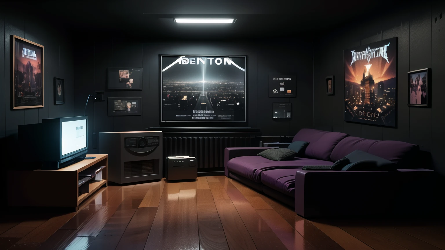 Scratched room with a purple sofa and a television., in a cyberpunk themed room, arte conceptual oscuro fotorrealista, Completely dark room, photorealistic room, interior oscuro, pitido de renderizado 3D, cine realista 4 d render, renderizado de octanaje hiperrealista, Aesthetic octane, octane render aesthetic, 3d cinematic rendering, renderizado 3d 8k