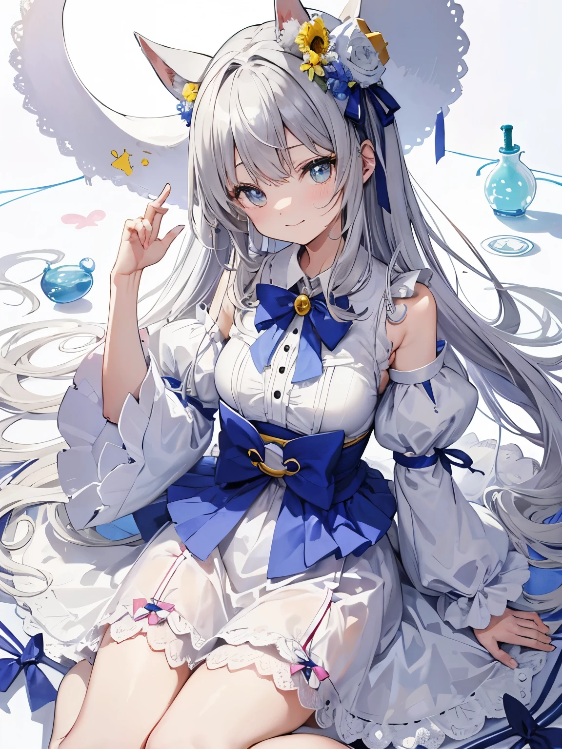 Easter、Easterのバルーン、have a balloon、Rabbit-eared headband、white hair、pastel colour、pop、popなイラスト、I can play it、triangular piece、smile、Easterイメージ、Easterイメージのソファに腰掛ける、Easterなドレス、one piece、waist ribbon、たくさんのEasterエッグ、High quality、fantasy、gray hair、Beastman's Tail、Mofufuo、high quality、jewel eyes、Sparkling、transparent watercolor、Solo Illustration、straw hat、cute ribbon、大きなEasterエッグに座る