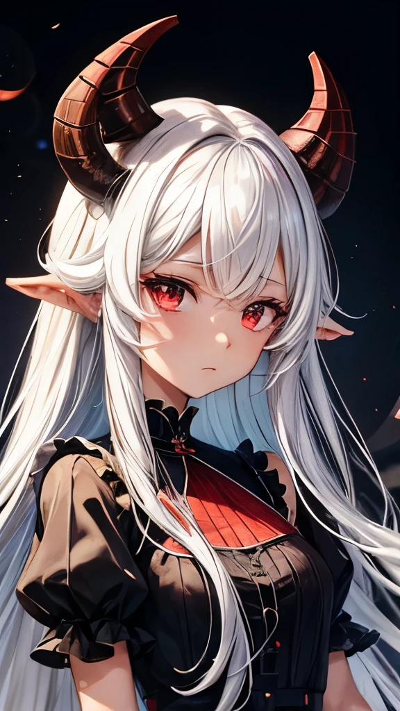 tanned skin、 white hair、medium long hair、red eyes、Sheep horns、black dress、