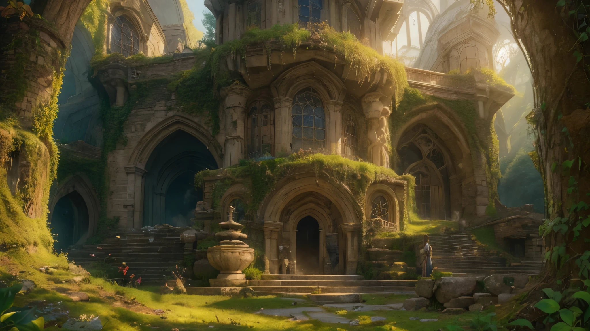 Masterpiece, best quality, 8k, panoramic view, Ruined palace of the gnomes, great hall, covered in ivy, ruined walls, mossy stones, magical whispers, unearthly beauty, ancient secrets, hidden treasures, mystical aura, golden sunlight flowing, three doors.