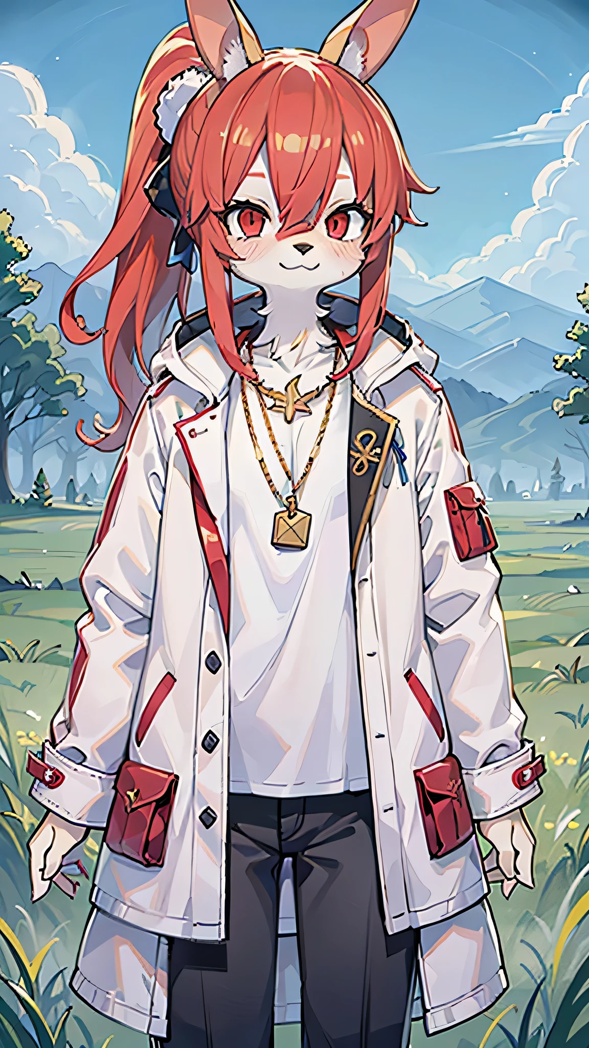 (masterpiece, highest quality), intricate details, 8k, Bunny ears, whole body, one man, red eyes, Normal body type, grassland, anime, expensive, bright red hair, white coat and black pants, furry, in the middle, smile, Golden necklace, ponytail, Are standing