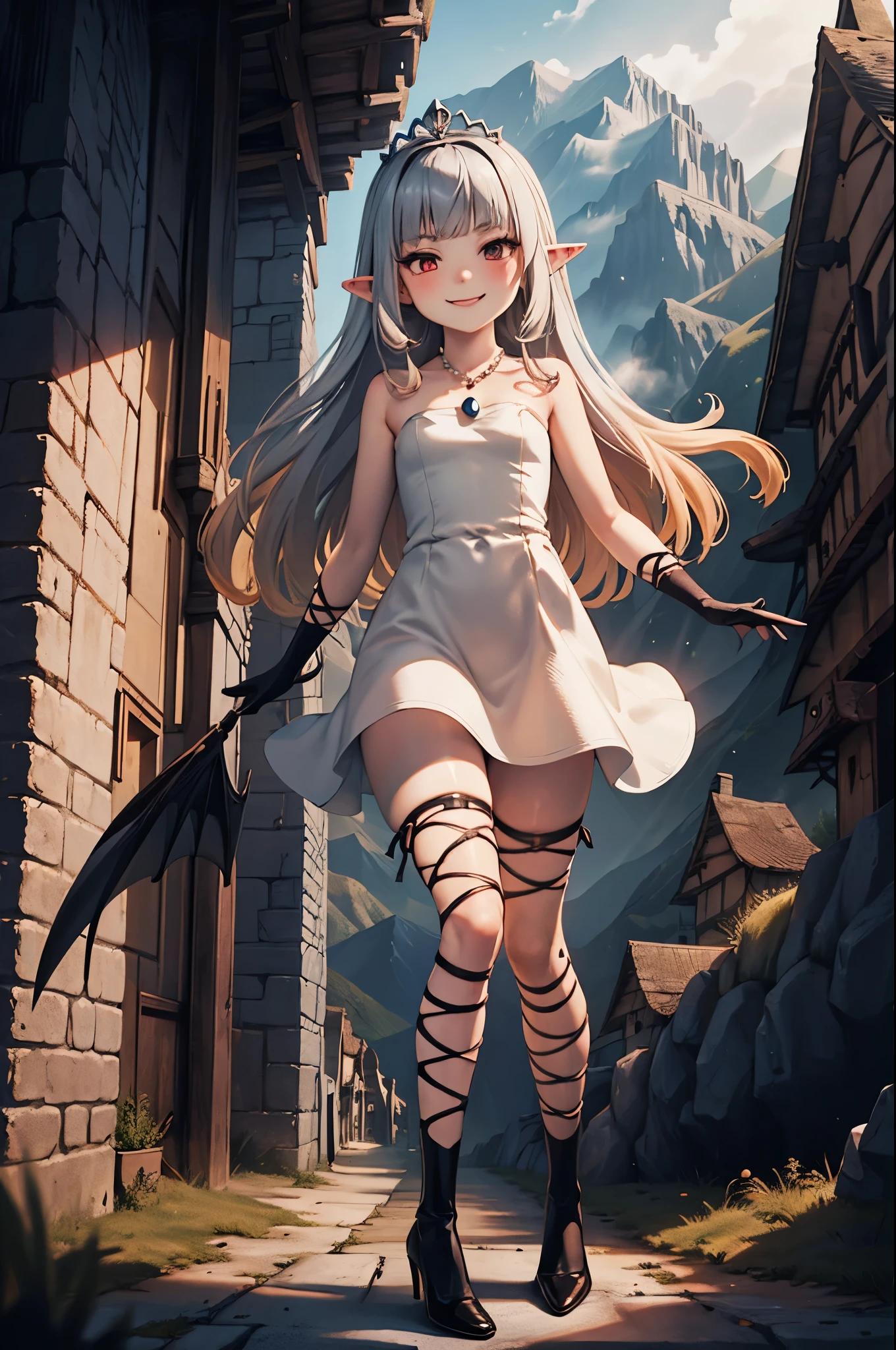 doll-size landscape, scaled-down-castles, scaled-down-mountains, scaled-down-trees, scaled-down buildings, ocean, 1girl, villain, standing proud, full-body, (energy drain:1), high resolution face, white hair, gradient hair, pointy ears, glowing pendant, strapless dress, full bridal dress outfit, fairy wings, arm wrap, black gloves, leg wrap, black footwear, flat chest, (mean:1), smug smile, very thin, skinny legs, confident, arrogant, sexy stockings, tiara, glowing red eyes, makeup, blush, eye shadow, rings, pearls, necklaces, flawless shiny silver hair, black heels, flying hearts, looking at viewer, from below, solo,