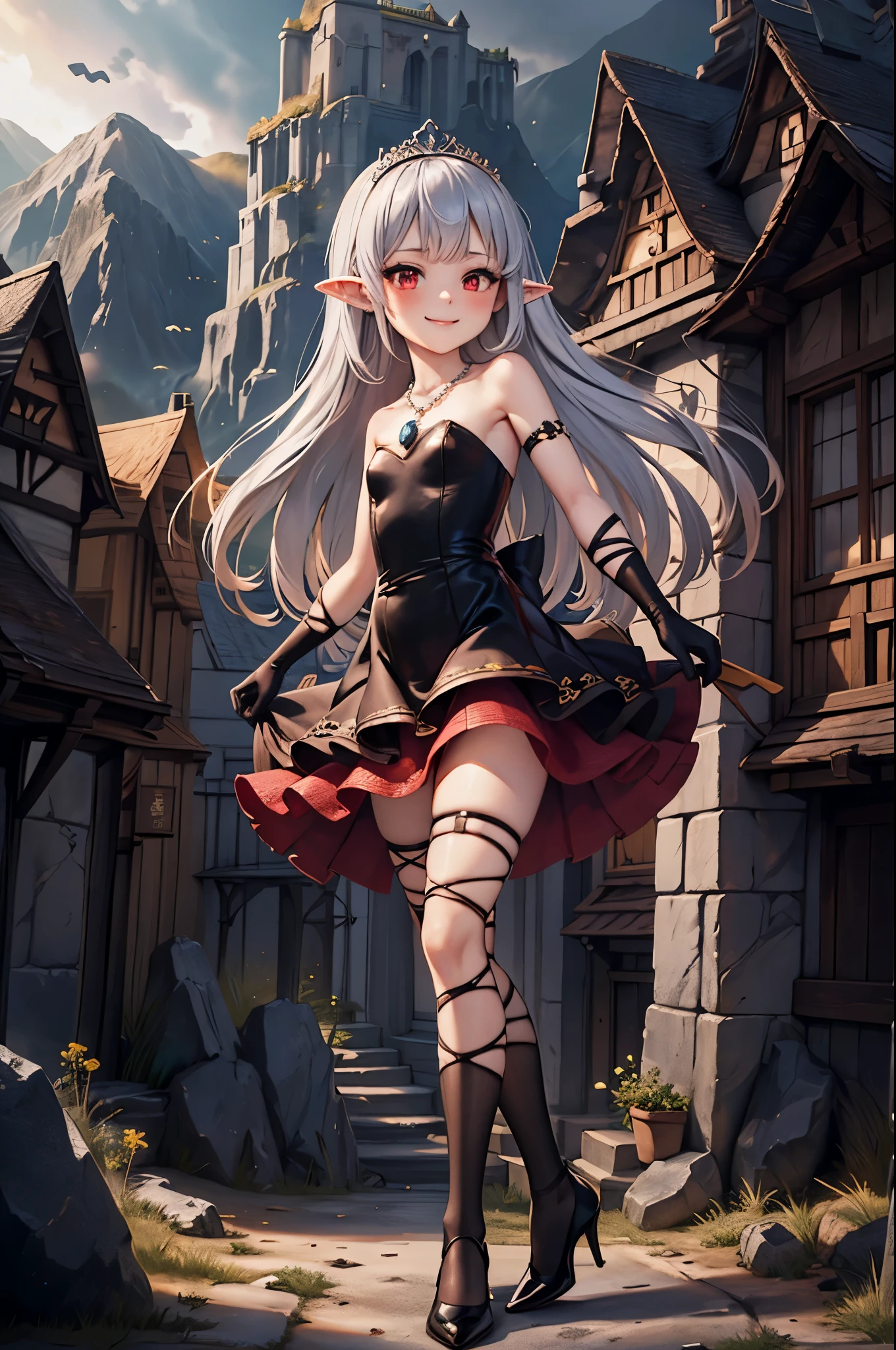 doll-size landscape, miniature-castles, microscopic-mountains, microscopic-trees, microscopic-buildings, ocean, 1girl, villain, standing proud, full-body, (energy drain:1), high resolution face, white hair, gradient hair, pointy ears, glowing pendant, strapless dress, full bridal dress outfit, fairy wings, arm wrap, black gloves, leg wrap, black footwear, flat chest, (mean:1), smug smile, very thin, skinny legs, confident, arrogant, sexy stockings, tiara, glowing red eyes, makeup, blush, eye shadow, rings, pearls, necklaces, flawless shiny silver hair, black heels, flying hearts, looking at viewer, from below, solo,