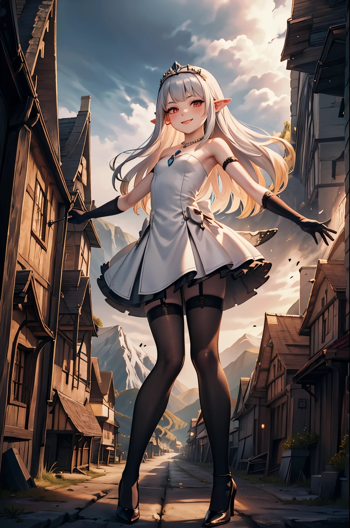 doll-size landscape, miniature-castles, microscopic-mountains, microscopic-trees, microscopic-buildings, ocean, 1girl, villain, standing proud, full-body, (energy drain:1), high resolution face, white hair, gradient hair, pointy ears, glowing pendant, strapless dress, full bridal dress outfit, fairy wings, arm wrap, black gloves, leg wrap, black footwear, flat chest, (mean:1), smug smile, very thin, skinny legs, confident, arrogant, sexy stockings, tiara, glowing red eyes, makeup, blush, eye shadow, rings, pearls, necklaces, flawless shiny silver hair, black heels, flying hearts, looking at viewer, from below, solo,