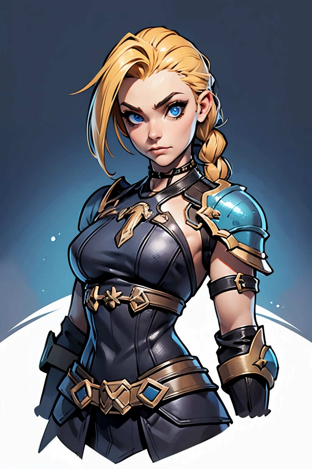 (masterpiece), best quality, expressive eyes, perfect face,1 girl, jinx, blond hair, blue eyes, bow, fantasy, leather armor, blue clothes, archer