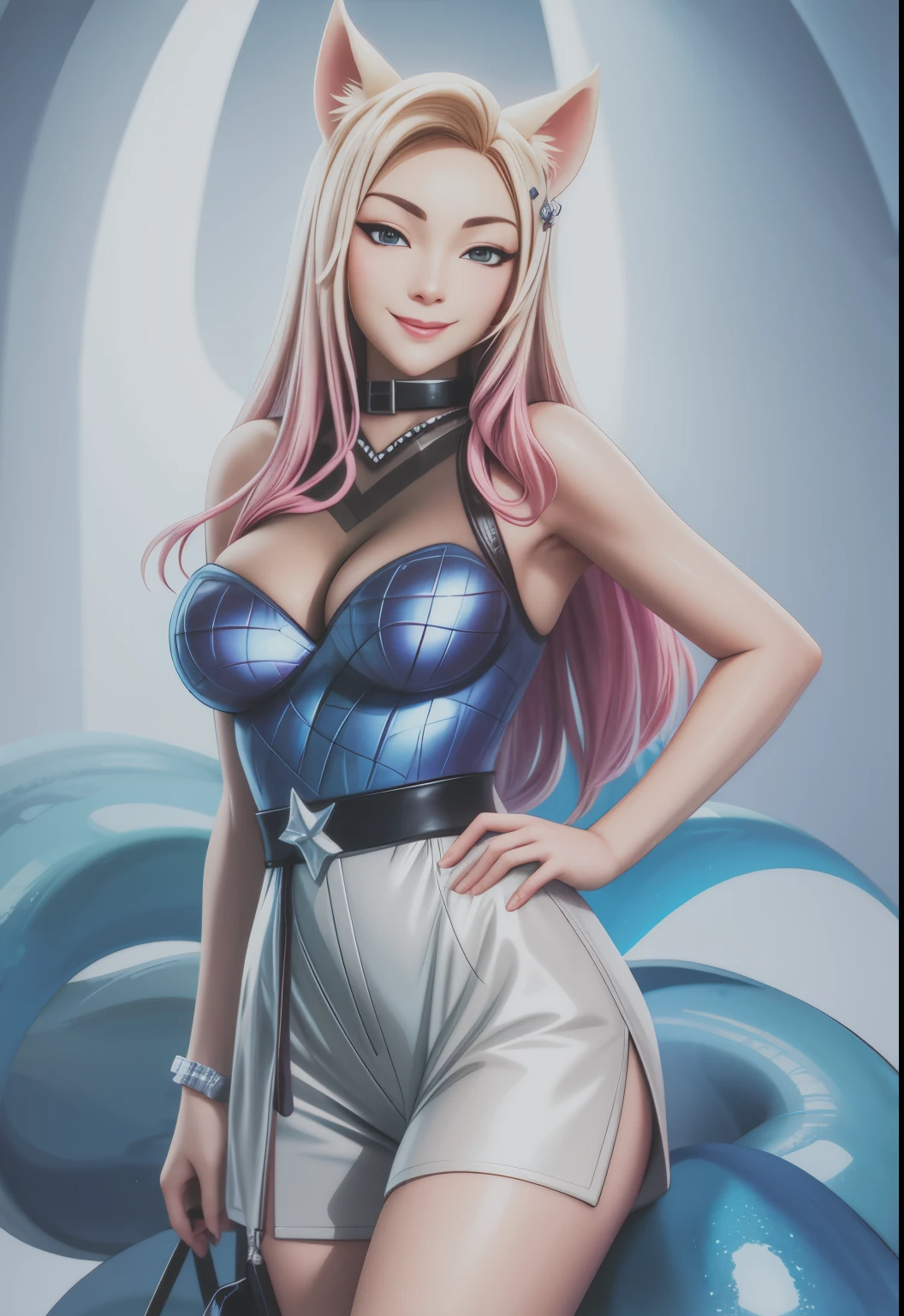 KDA_ahri, smile face,6 tails fox,anime eyes ,cowboy shot,more life on face ,smirk smile;hand on back,bigger tits,face more realistic