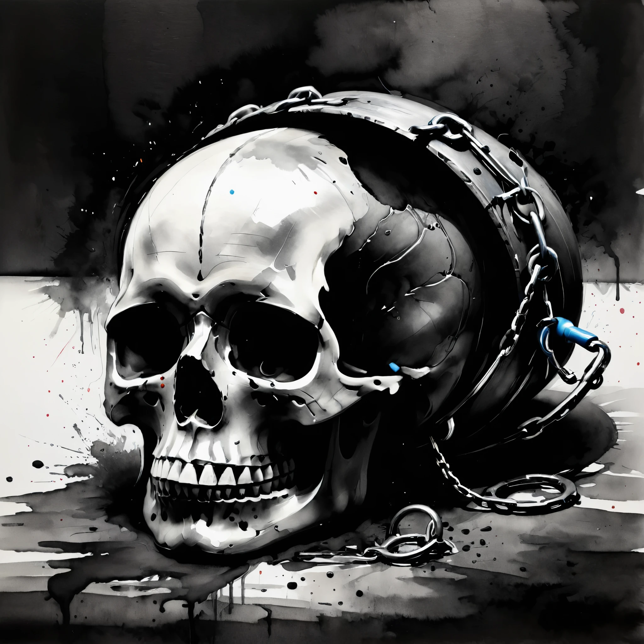 Calavera flodando,en direccion derecha,vomitando sangre,estilo lapiz,detallado realista,blanco y negro,flndo negro,cadenas en el vomito