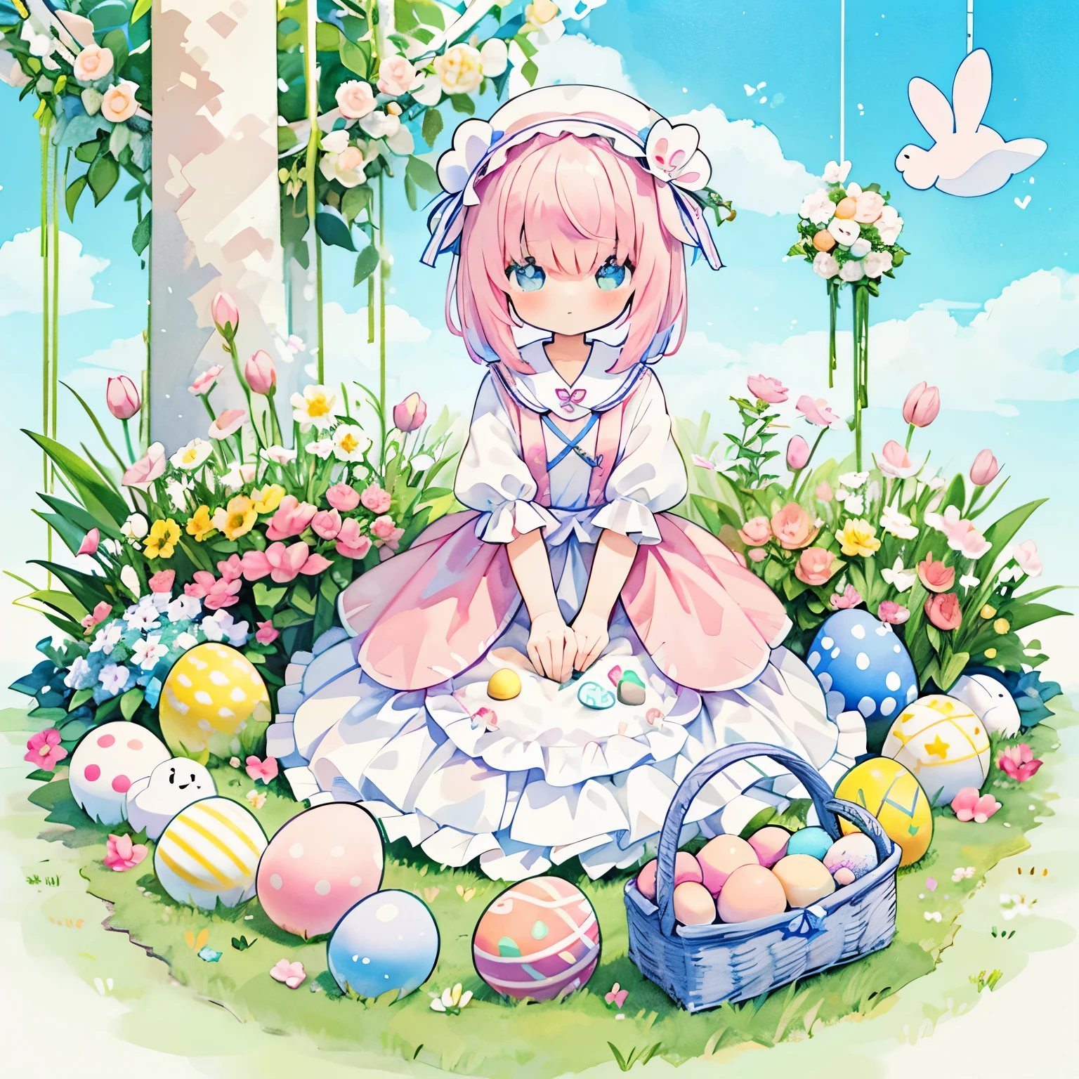 watercolor style illustration, hair ribbon, tulip, tulip and girls, dream, pastel colour,Easterエッグ、Easter、Easterの絵、Easter、lots of eggs、colorful eggs、Rabbit、Basket with eggs、Basket with eggsを持った少女、stylish design、cool composition、