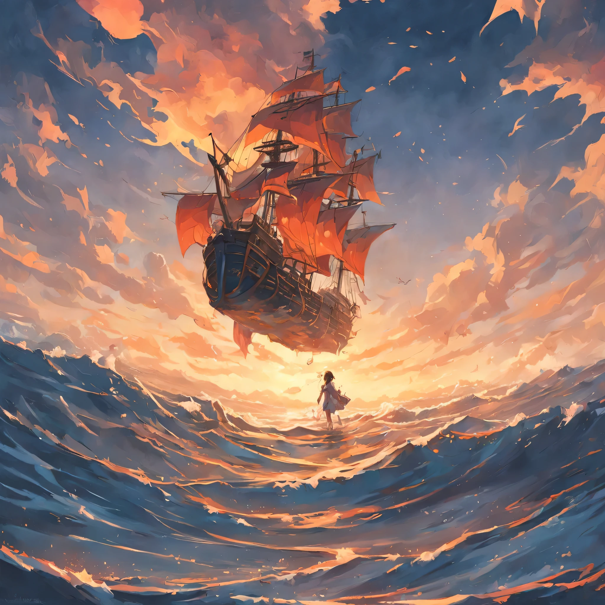 Um navio pirata em um mar calmo e sem ondas, Sky has no clouds, Detailed oil painting, Unrealistic rendering 5, Rhads, Arte digital, pintura de paisagem, octane rendering, Beautiful composition, trends on artstationh, uma fotografia premiada, parte mestre, Busca por estilo, (dream art:1.2). Estilo MDJRNY-V4