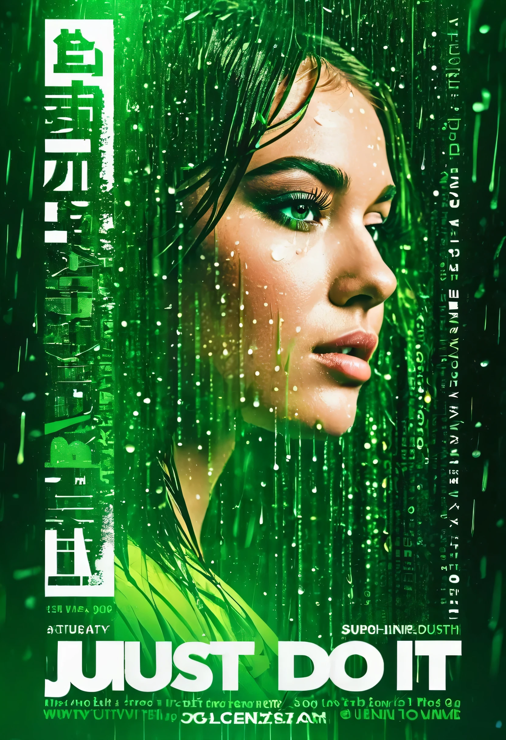 electronic music event poster flyer,Girl half face portrait with green vector glyph raining down from behind,There are words "Just do it" on the right side