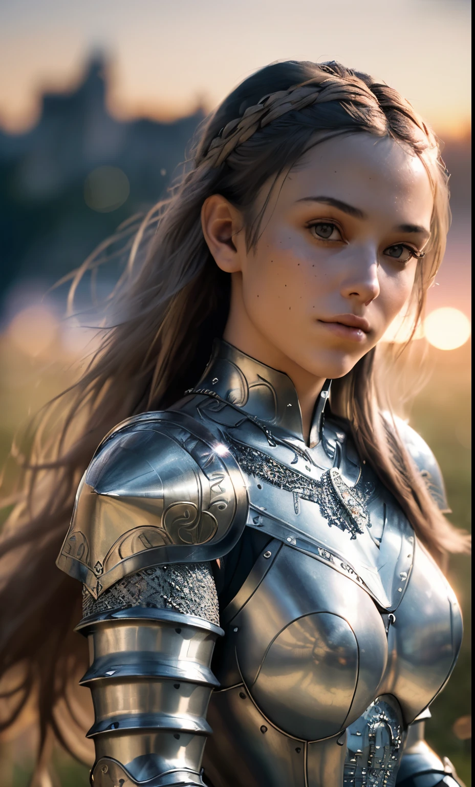 (masterpiece), (extremely intricate:1.3), (realistic), portrait of a girl, the most beautiful in the world, (medieval armor), metal reflections, upper body, outdoors, intense sunlight, far away castle, professional photograph of a stunning woman detailed, sharp focus, dramatic, award winning, cinematic lighting, octane render unreal engine, volumetrics dtx, (film grain, blurry background, blurry foreground, bokeh, depth of field, sunset, motion blur:1.3), chainmail