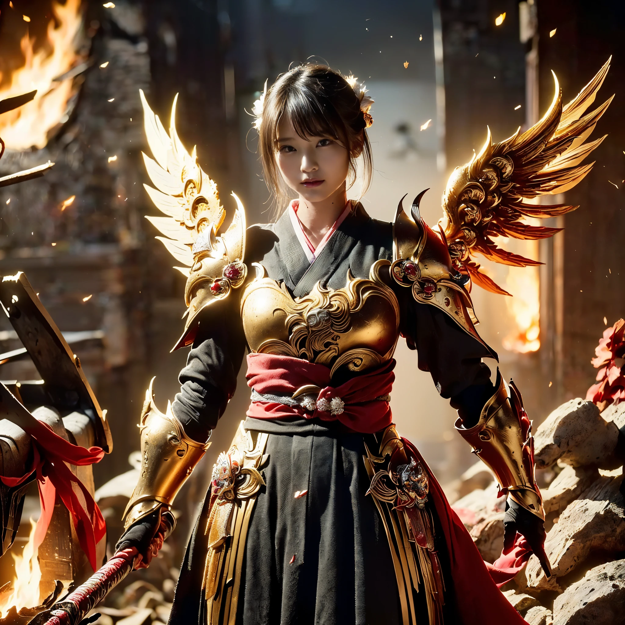 (((Realistic, masterpiece, best quality, crisp detail, high definition, high detail, very rich detail, sharp focus, sharp detail, colorful, rich color, perfect studio lightning))), ((20 years old, goddess of fire, kasumi arimura, flying, floating)),(((in the middle of war, epic war scene))), wearing (((beautiful decorated golden heavy armor, phoenix armor, decorated full body armor, fully armored beautiful kimono, wide golden wings))), (flying, floating, attack stance, holding fantasy weapon, blood scattered face, blood tears, blood bath, blood shed), (((fire everywhere, blood everywhere, death everywhere, japan bakumatsu period, dead bodies,carcass,burned japanese castle,hellish,chaos)) traditional village background)