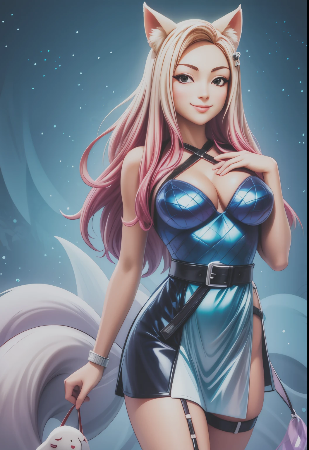 KDA_ahri, smile face,6 tails fox,anime eyes ,cowboy shot,more life on face ,smirk smile;hand on back,bigger tits,face more realistic,bigger eyes like in anime