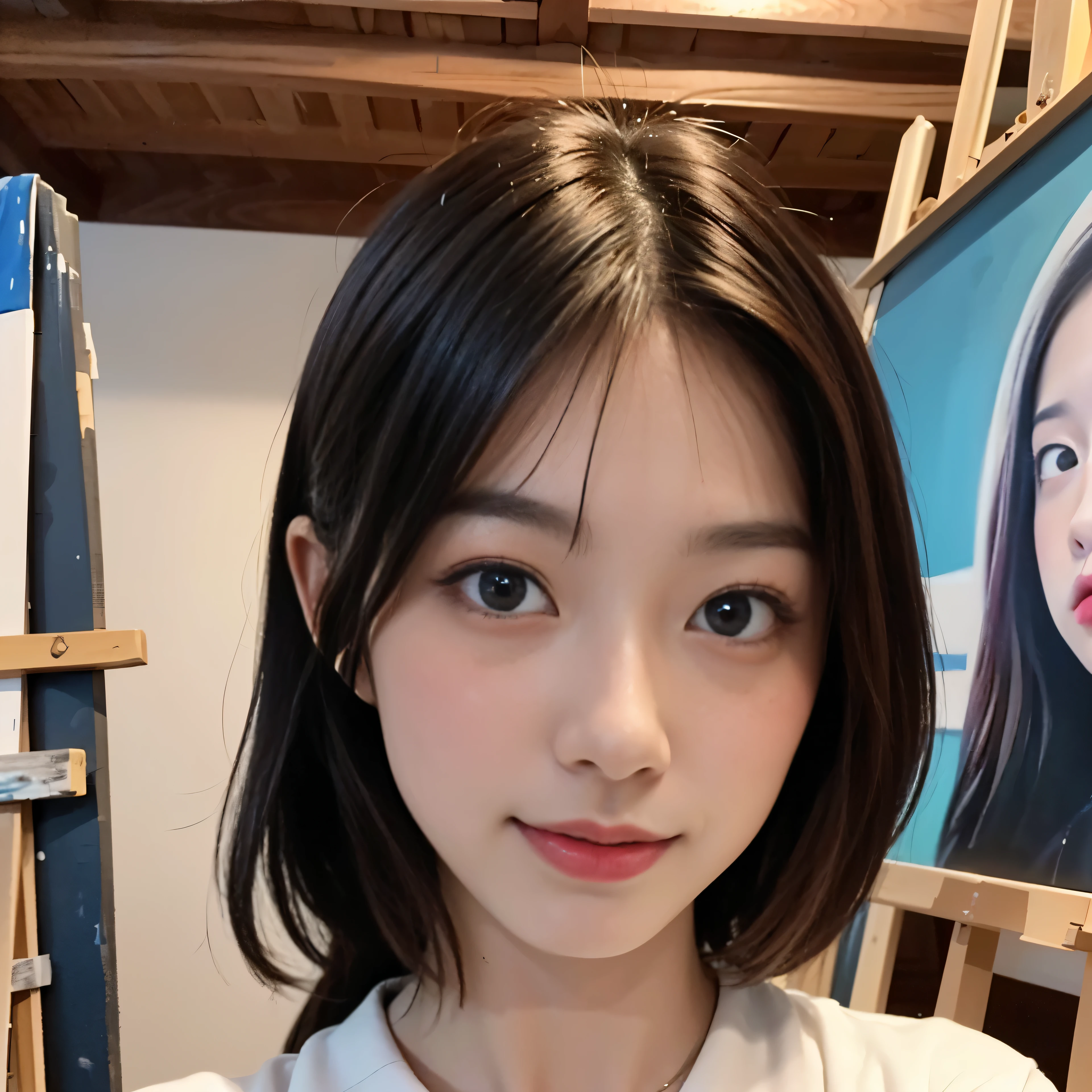 There is a young and beautiful Japanese woman、she is a painter、I&#39;m painting an oil painting、A canvas is placed on the easel、In the background is an oil painting of a very similar self-portrait that she painted.、cowboy shot、I will also draw a self-portrait
