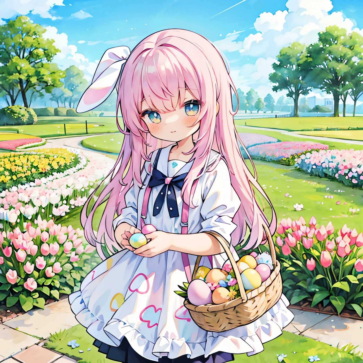 watercolor style illustration, hair ribbon, tulip, tulip and girls, dream, pastel colour,Easterエッグ、Easter、Easterの絵、Easter、lots of eggs、colorful eggs、Rabbit、Basket with eggs、Basket with eggsを持った少女、stylish design、cool composition、