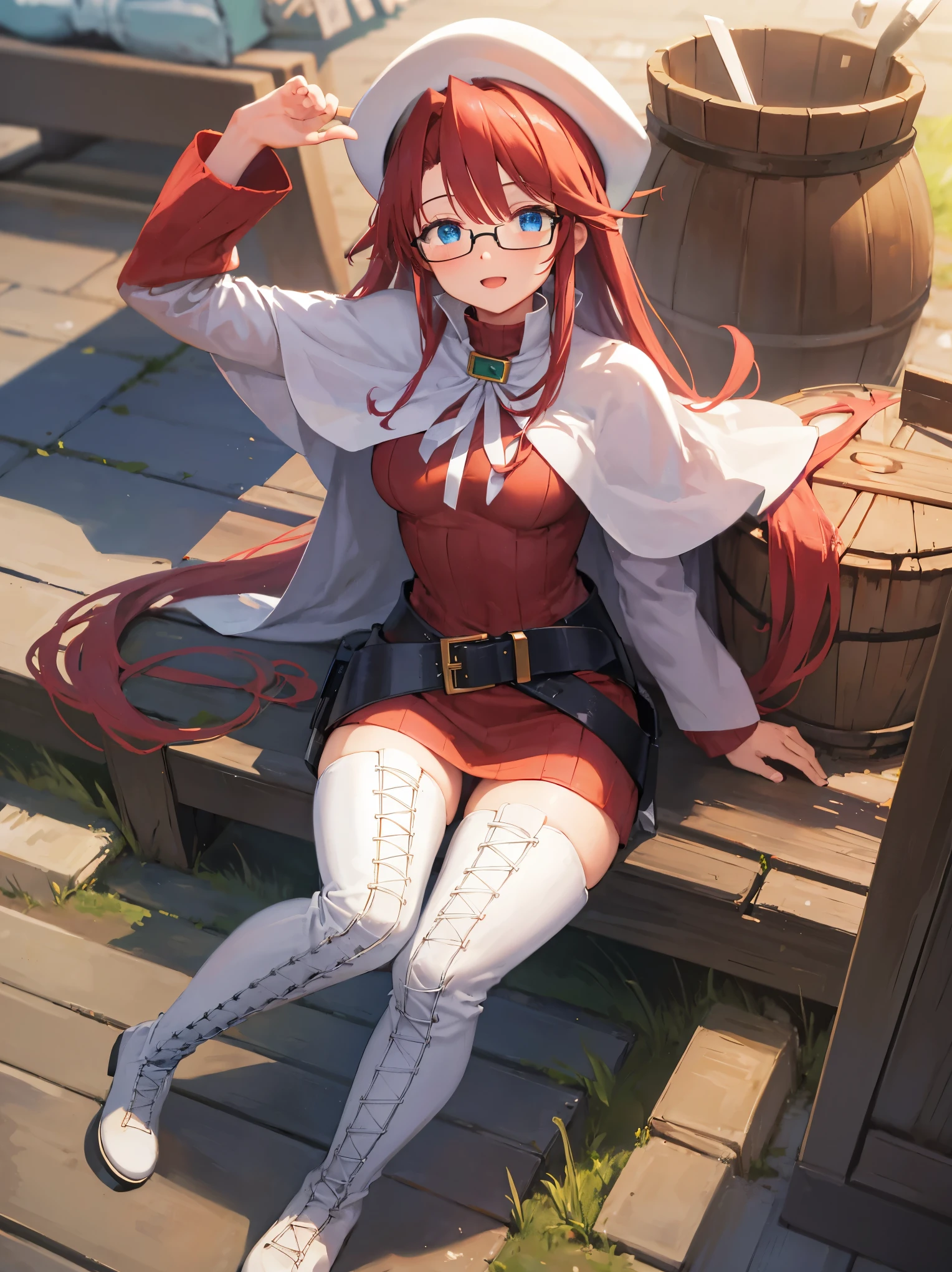 summonnightaty, aty, long hair, blue eyes, red hair, beret, hat, glasses,
BREAK long hair, thighhighs, hat, dress, boots, glasses, belt, cape, sweater, zettai ryouiki, beret, thigh boots, white footwear, ribbed sweater, loose belt,solo,
BREAK outdoors, fantasy_town,
BREAK (masterpiece:1.2), best quality, high resolution, unity 8k wallpaper, (illustration:0.8), (beautiful detailed eyes:1.6), extremely detailed face, perfect lighting, extremely detailed CG, (perfect hands, perfect ???????),covered_nipples,covered_navel,light_smile ,walking,(half_eyes:1.2),light_open_mouth,sword,armpit,sleepy,sitting_on_the_barrel,barrel,red_sweater,