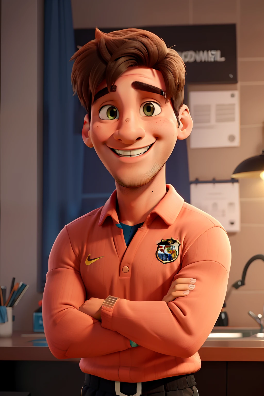 Leonel messi Cartoons in argentina footbal team dress and black pants, world cup in right hands and take up it and look it with smile