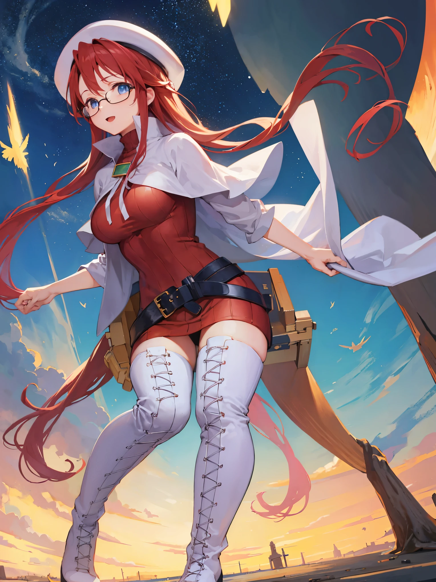 summonnightaty, aty, long hair, blue eyes, red hair, beret, hat, glasses,
BREAK long hair, thighhighs, hat, dress, boots, glasses, belt, cape, sweater, zettai ryouiki, beret, thigh boots, white footwear, ribbed sweater, loose belt,solo,
BREAK outdoors, fantasy_town,
BREAK (masterpiece:1.2), best quality, high resolution, unity 8k wallpaper, (illustration:0.8), (beautiful detailed eyes:1.6), extremely detailed face, perfect lighting, extremely detailed CG, (perfect hands, perfect anatomy),covered_nipples,covered_navel,light_smile ,walking,(half_eyes:1.2),light_open_mouth,sword,armpit,sleepy,sitting_on_the_barrel,barrel,red_sweater,