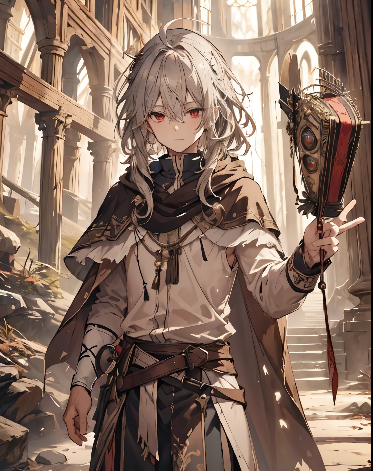 masterpiece, 1men, sparrow, a silver  haired men, wearing a priest clothes, curly medium hair, messy hair, slim body, wearing brown capelet, he close her left eye, shirt ornament, friendly expression, red eyes, stand at forest, ahoge, mitre hat, mitre