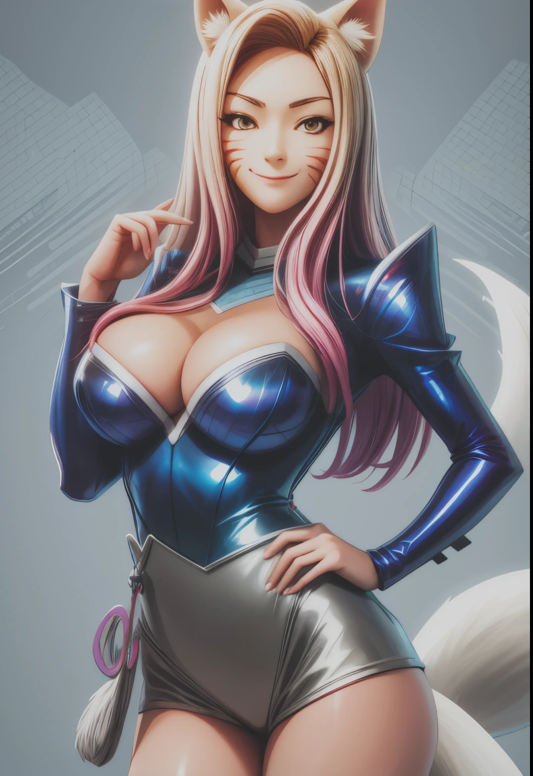 KDA_ahri, smile face,6 tails fox,anime eyes ,cowboy shot,more life on face ,smirk smile;hand on back,bigger tits,face more realistic,bigger eyes like in anime,show tits