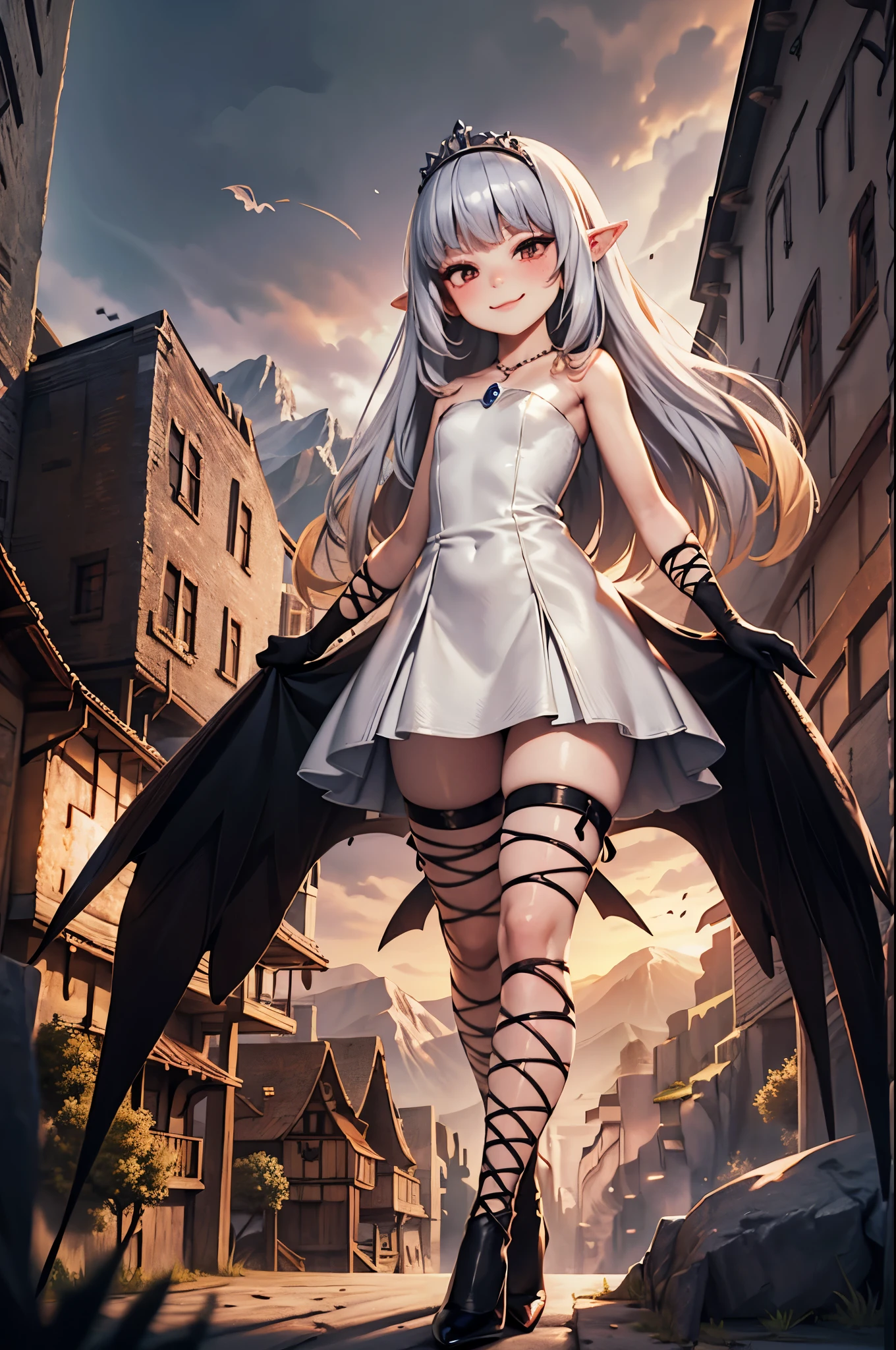 micro-landscape, nanoscopic-architecture, nanoscopic-mountains, nanoscopic-trees, nanoscopic-buildings, 1girl, villain, standing proud, full-body, (energy drain:1), high resolution face, white hair, gradient hair, pointy ears, glowing pendant, strapless dress, full bridal dress outfit, fairy wings, arm wrap, black gloves, leg wrap, black footwear, flat chest, (mean:1), smug smile, very thin, skinny legs, confident, arrogant, sexy stockings, tiara, glowing red eyes, makeup, blush, eye shadow, rings, pearls, necklaces, flawless shiny silver hair, black heels, flying hearts, looking at viewer, from below, solo,