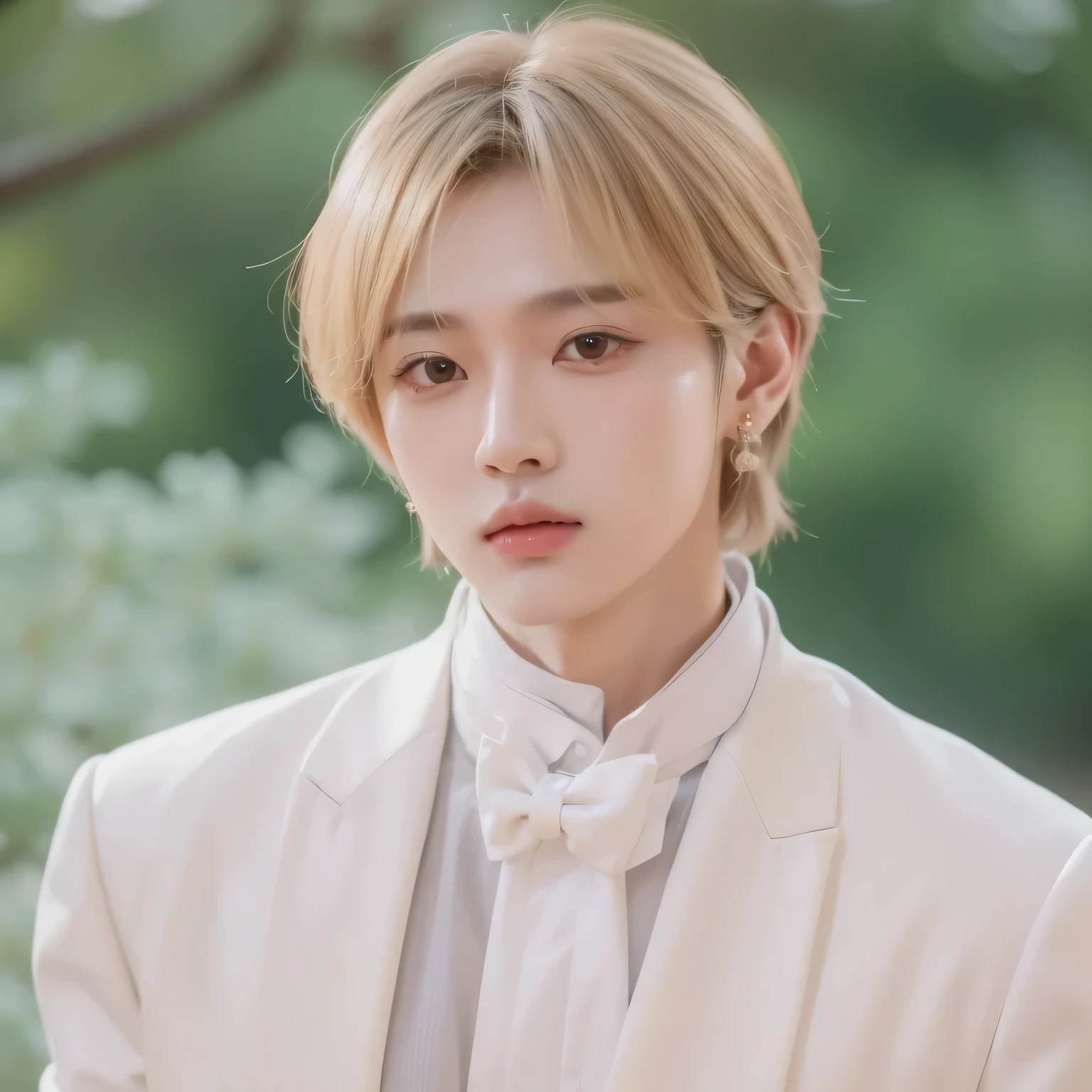 Un joven araffado con cabello rubio vestido con traje blanco y corbata., kim doyoung, Cai Xu Kun, hyung tae, taken in the early 2020s, delicate androgynous prince, Jung Jaehyun, beautiful androgynous prince, yanjun chengt, inspirado en jeonseok lee, con pelo corto, inspirado en Bian Shoumin, jinyoung shin