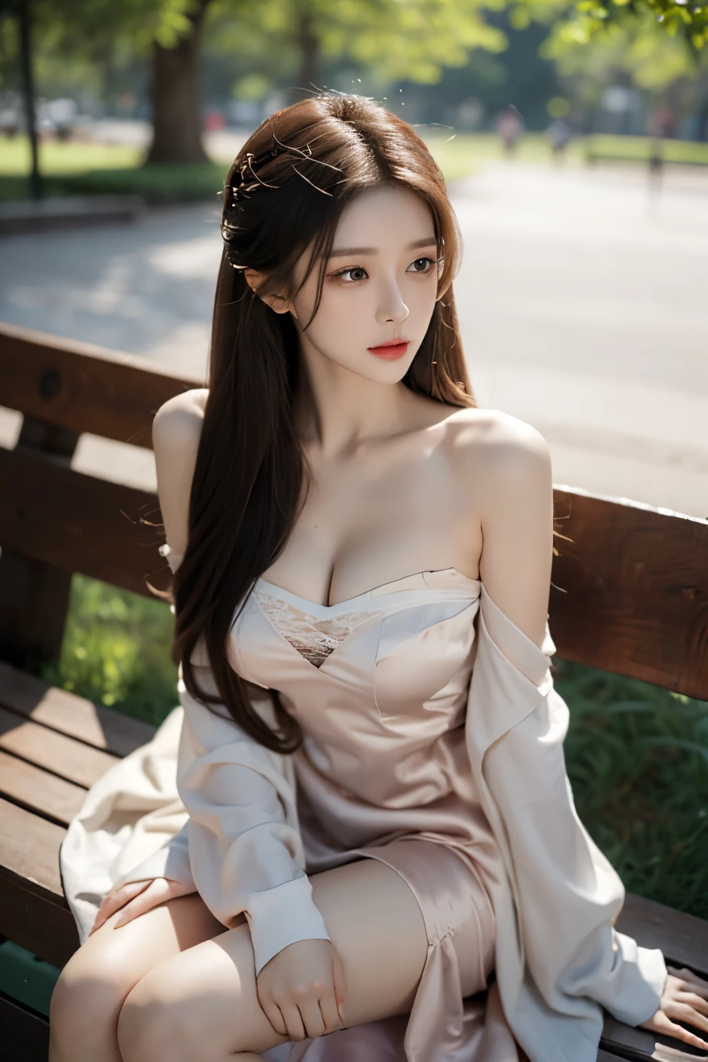 (1girl:1.3), sexy pose, slim body, (photorealistic:1.4), (masterpiece, top quality, best quality, official art), extreme detailed, highest detailed, (ultra-detailed), ((an extremely delicate and beautiful)), cinematic light, (realisticlying:1.3), (highdetailskin:1.2), high resolution, 8K UHD, 4K, 8K, Bokeh, digital SLR camera, absurderes, Optimal proportions of four fingers and one thumb, in the park with trees,sitting on bench, ((silky long hair)), (brown hair), tears, beautiful face, perfect face, highly detailed beautiful face, Cute, shy,blush, dynamic angle, from above,looking at viewer, wearing Tulle Overlay Camisole dress