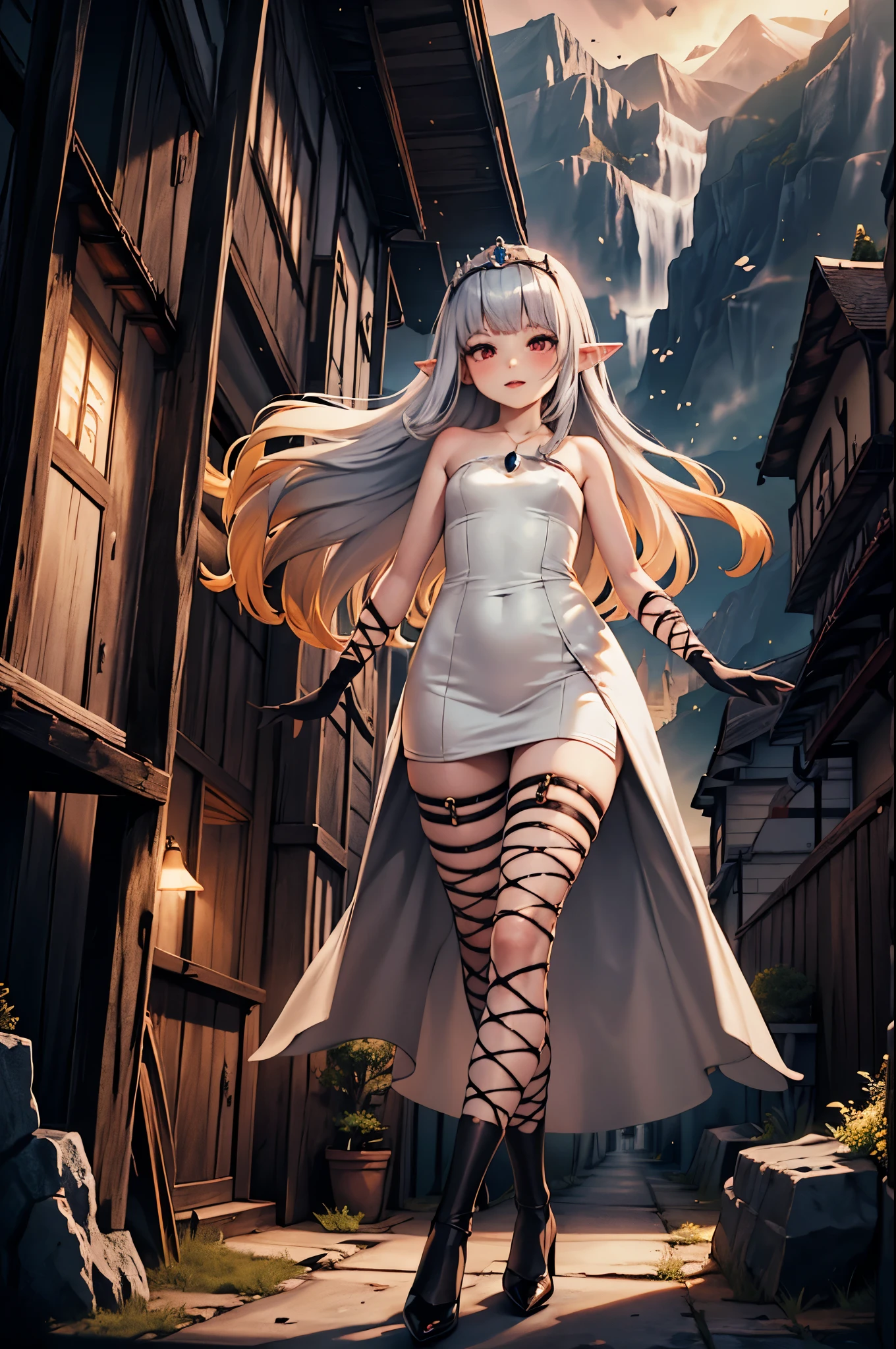 micro-landscape, nanoscopic-architecture, nanoscopic-mountains, nanoscopic-trees, nanoscopic-buildings, 1girl, villain, standing proud, full-body, (energy drain:1), high resolution face, white hair, gradient hair, pointy ears, glowing pendant, strapless dress, full bridal dress outfit, fairy wings, arm wrap, black gloves, leg wrap, black footwear, flat chest, (mean:0.8), very thin, skinny legs, confident, arrogant, sexy stockings, tiara, glowing red eyes, makeup, blush, eye shadow, rings, pearls, necklaces, flawless shiny silver hair, black heels, flying hearts, looking at viewer, from below, solo,