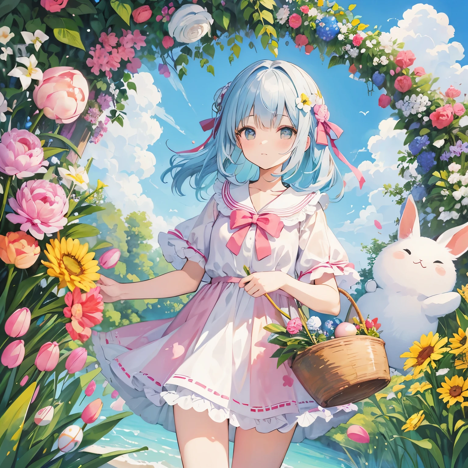watercolor style illustration, hair ribbon, tulip, tulip and girls, dream, pastel colour,Easterエッグ、Easter、Easterの絵、Easter、lots of eggs、colorful eggs、Rabbit、Basket with eggs、Basket with eggsを持った少女、stylish design、cool composition、