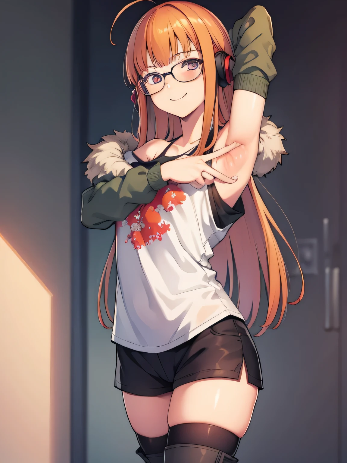 futabasakura, futaba sakura, orange hair, glasses, long hair, (purple eyes:1.1), ahoge,
BREAK behind-the-head headphones, black thighhighs, cross-laced footwear, fur trim, fur-trimmed jacket, green jacket, headphones, jacket, knee boots, lace-up boots, off shoulder, off-shoulder shirt, shirt, t-shirt, thighhighs, 
BREAK looking at viewer,
BREAK forest, dark sky, contrapposto, smile, spread armpits, cowboy shot, sleeveless, arms behind head,
BREAK (masterpiece:1.2), best quality, high resolution, unity 8k wallpaper, (illustration:0.8), (beautiful detailed eyes:1.6), extremely detailed face, perfect lighting, extremely detailed CG, (perfect hands, perfect anatomy),