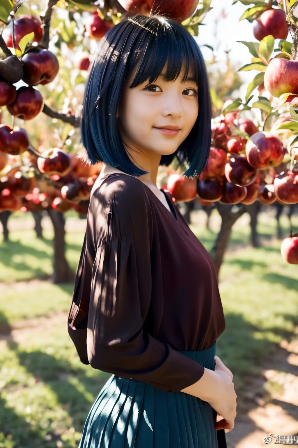 (dark-blue hair), lens 135mm f1.8,(best quality),(masterpiece:1.1), (beautiful Japanese girl), cute face, ((flat chest)), (chiseled face:0.7), (freckles:0.6), cute lips, thin body, dappled sunlight, dramatic lighting, beautiful thigh, smile, (flat bangs), (short-cut:1.2) semi-buzzcut (blue color:1.2) hair, (dark green Cape), (dark red color Tunic), (blouse), (dark red color pleated skirt), (at the apple orchard), (apple),