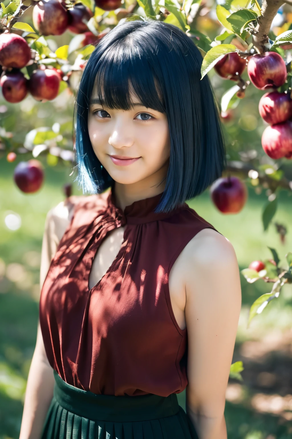 (dark-blue hair), lens 135mm f1.8,(best quality),(masterpiece:1.1), (beautiful 12yo Japanese girl), cute face, ((flat chest)), (chiseled face:0.7), (freckles:0.6), cute lips, thin body, dappled sunlight, dramatic lighting, beautiful thigh, smile, (flat bangs), (short-cut:1.2) semi-buzzcut (blue color:1.2) hair, (dark green Cape), (dark red color Tunic), (blouse), (dark red color pleated skirt), (at the apple orchard), (apple),