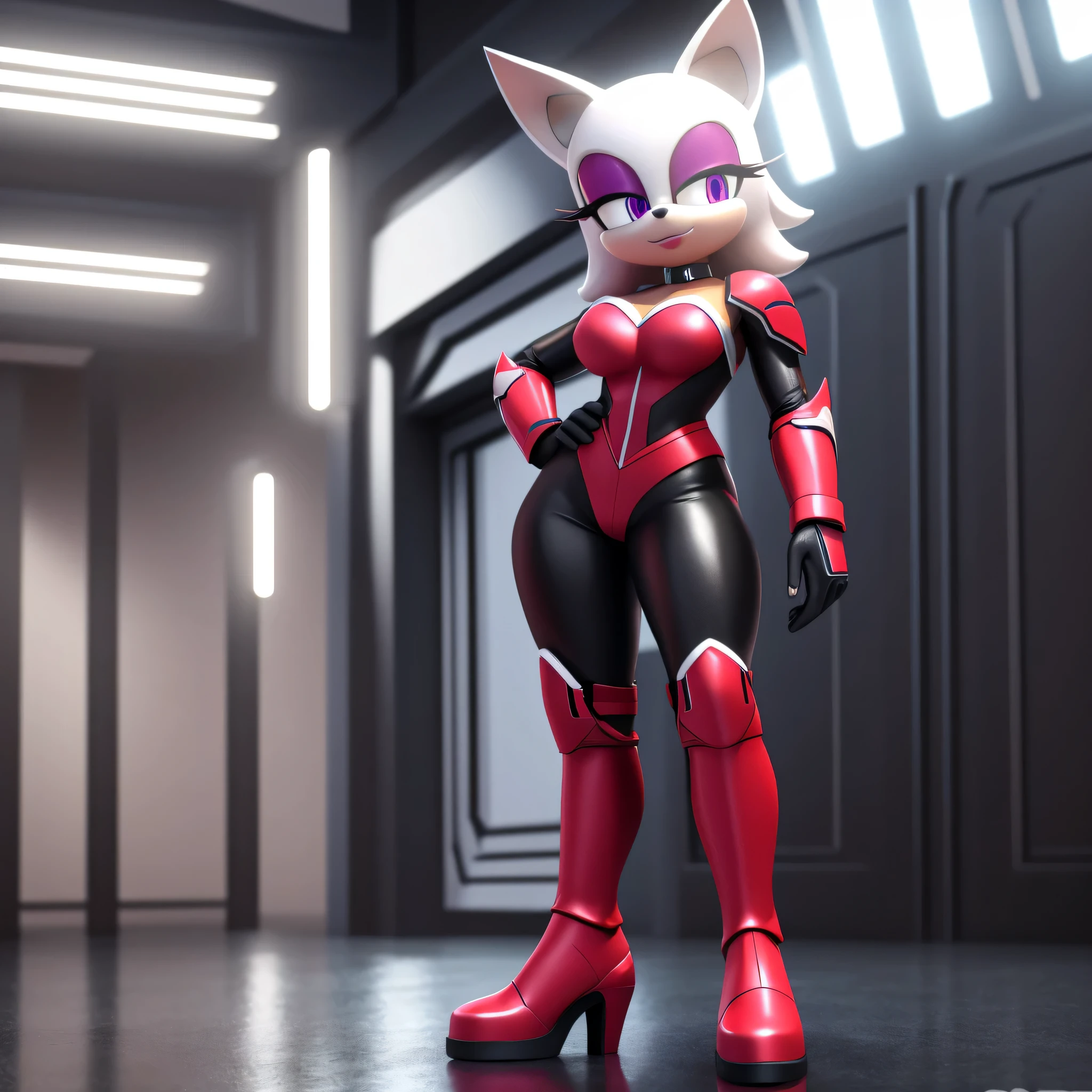 (best quality,4k,8k,highres,masterpiece:1.2),ultra-detailed,full body 3d render,sonic styled, tall, slim, medium breasts, short tail, beautiful detailed eyes,beautiful detailed lips, ruby red lipstick, extremely detailed purple eyes, long Eyelash, white fur:, (((tan skin:0.7))), crisp details, ruby red and black cyberpunk rouge bodysuit,short heeled boots, sassy pose, one hand on hip, other resting at her side, studio lighting